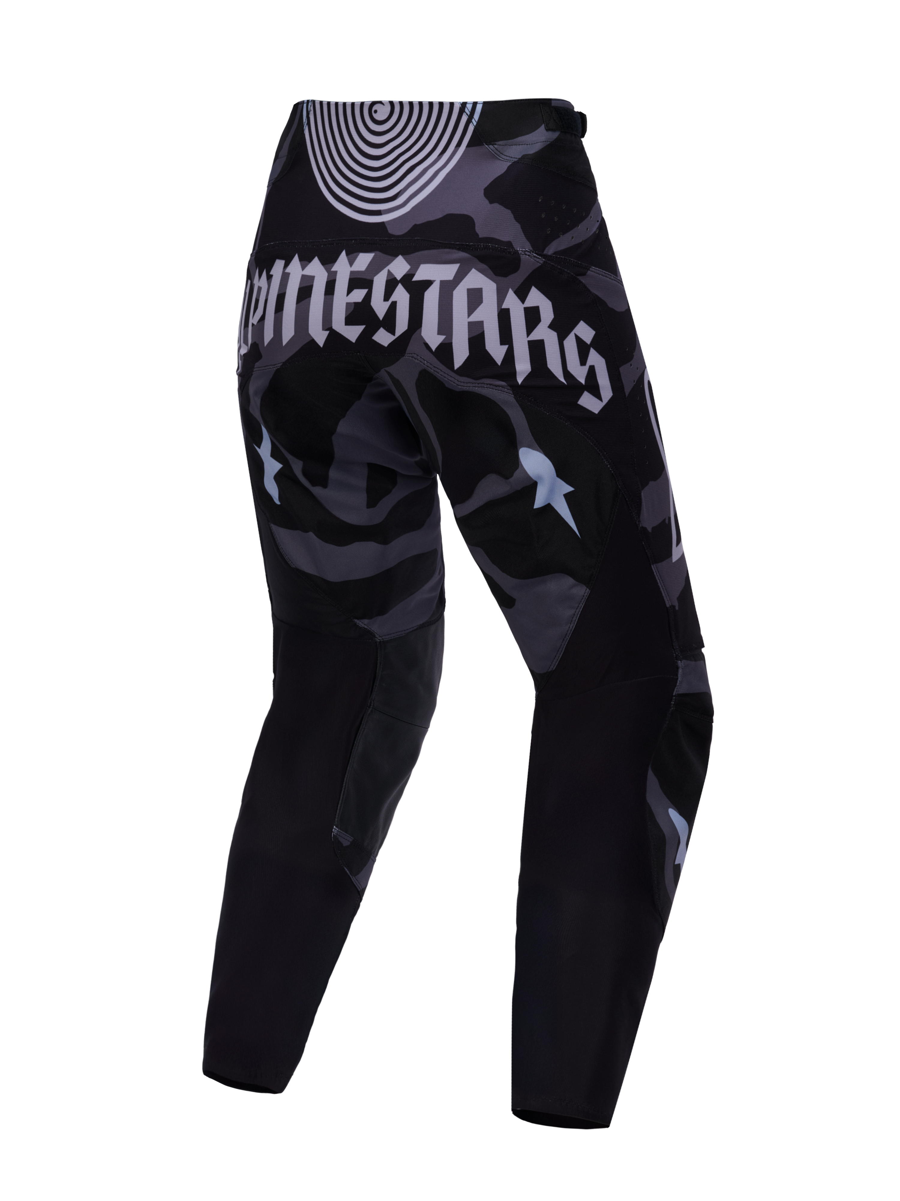 Spodnie Techstar Beast Coast Edycja Limitowana, czarno-szary wzór kamuflażu, widok z tyłu, logo Alpinestars.