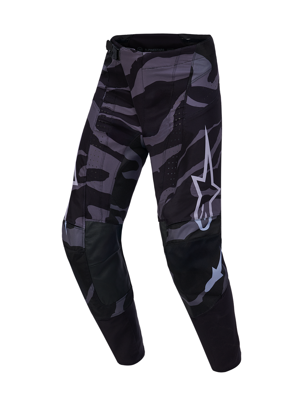 Spodnie Techstar Beast Coast Edycja Limitowana, ciemny wzór camo z fioletowymi detalami i białym logo Alpinestars.