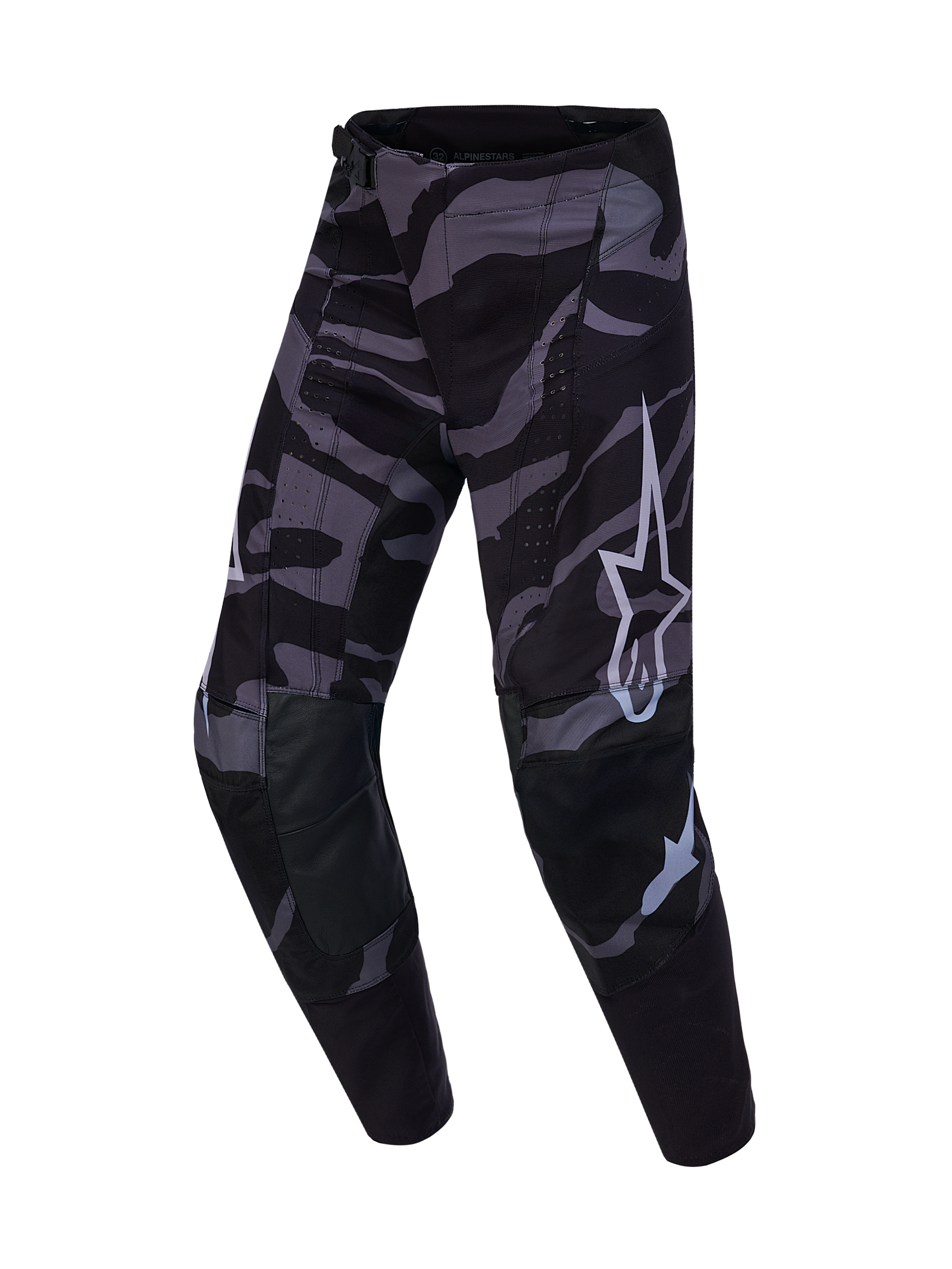 Spodnie Techstar Beast Coast Edycja Limitowana, ciemny wzór camo z fioletowymi detalami i białym logo Alpinestars.