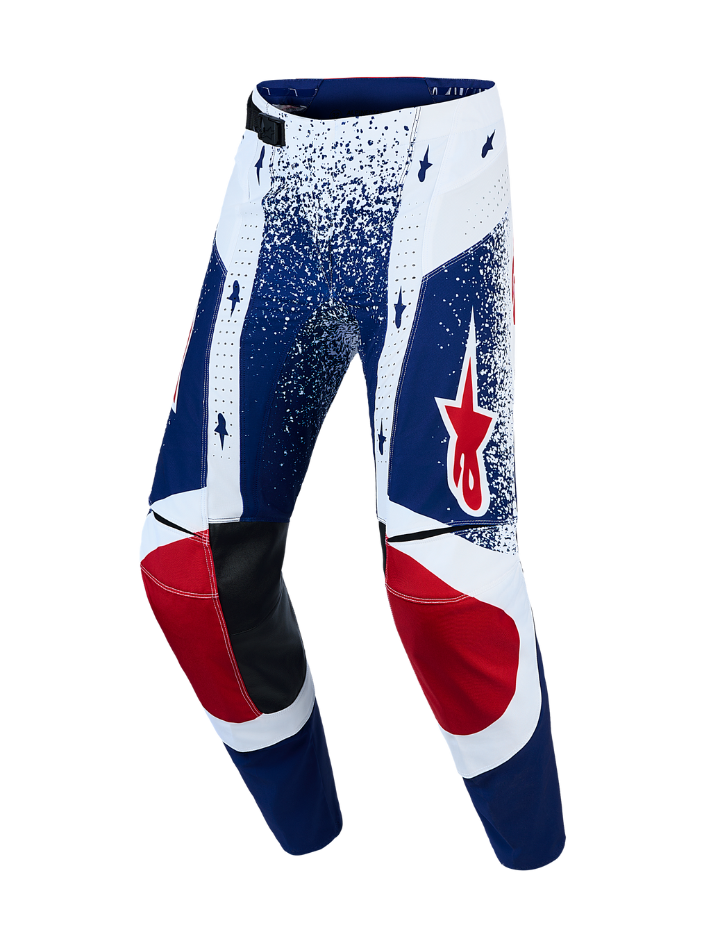 Alpinestars Techstar Unity, męskie spodnie motocrossowe z edycji limitowanej, niebieskie i białe z akcentami czerwonej gwiazdy, skórzane panele na kolanach, wyścigowa odzież off-road