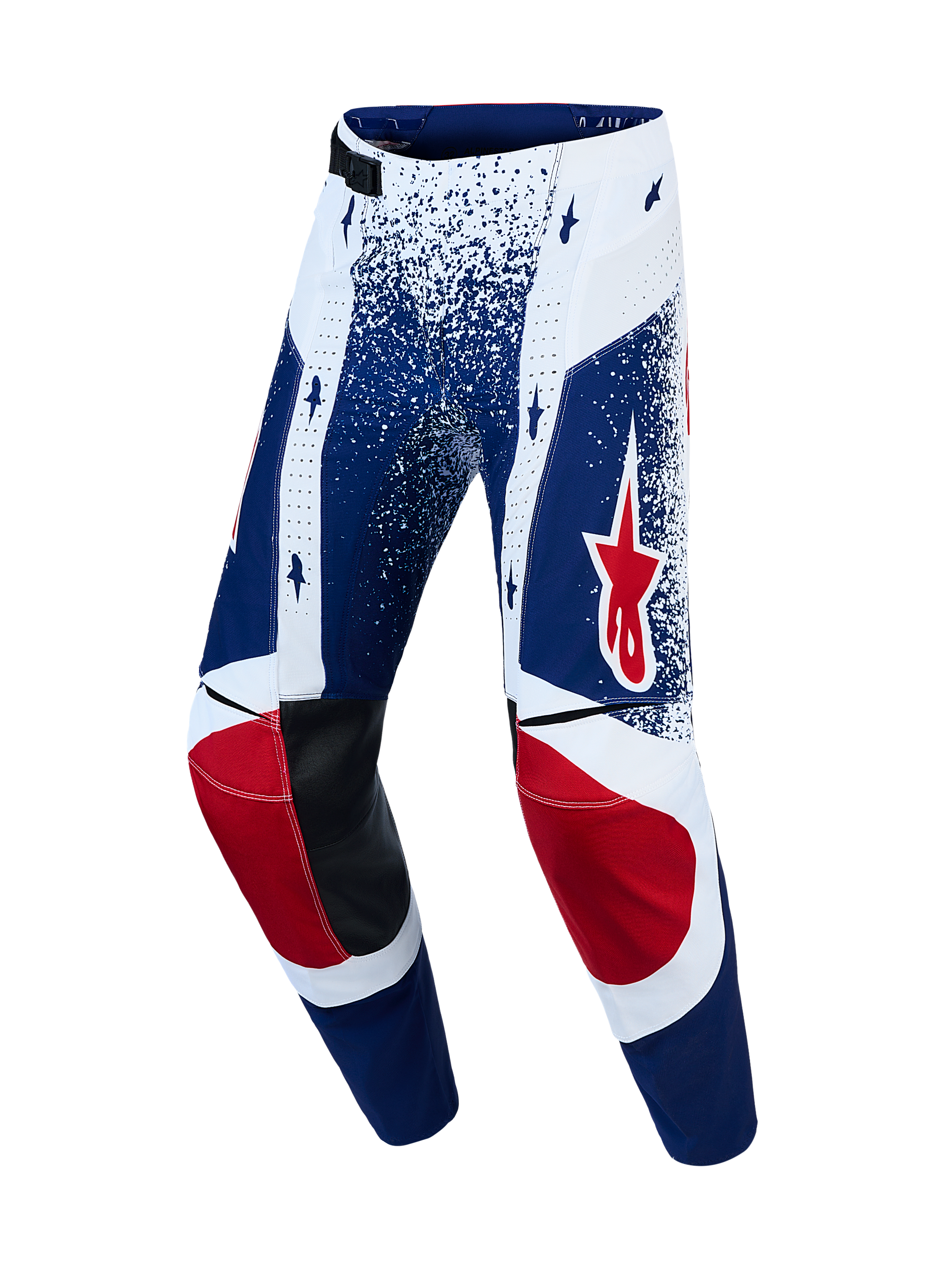 Alpinestars Techstar Unity, męskie spodnie motocrossowe z edycji limitowanej, niebieskie i białe z akcentami czerwonej gwiazdy, skórzane panele na kolanach, wyścigowa odzież off-road