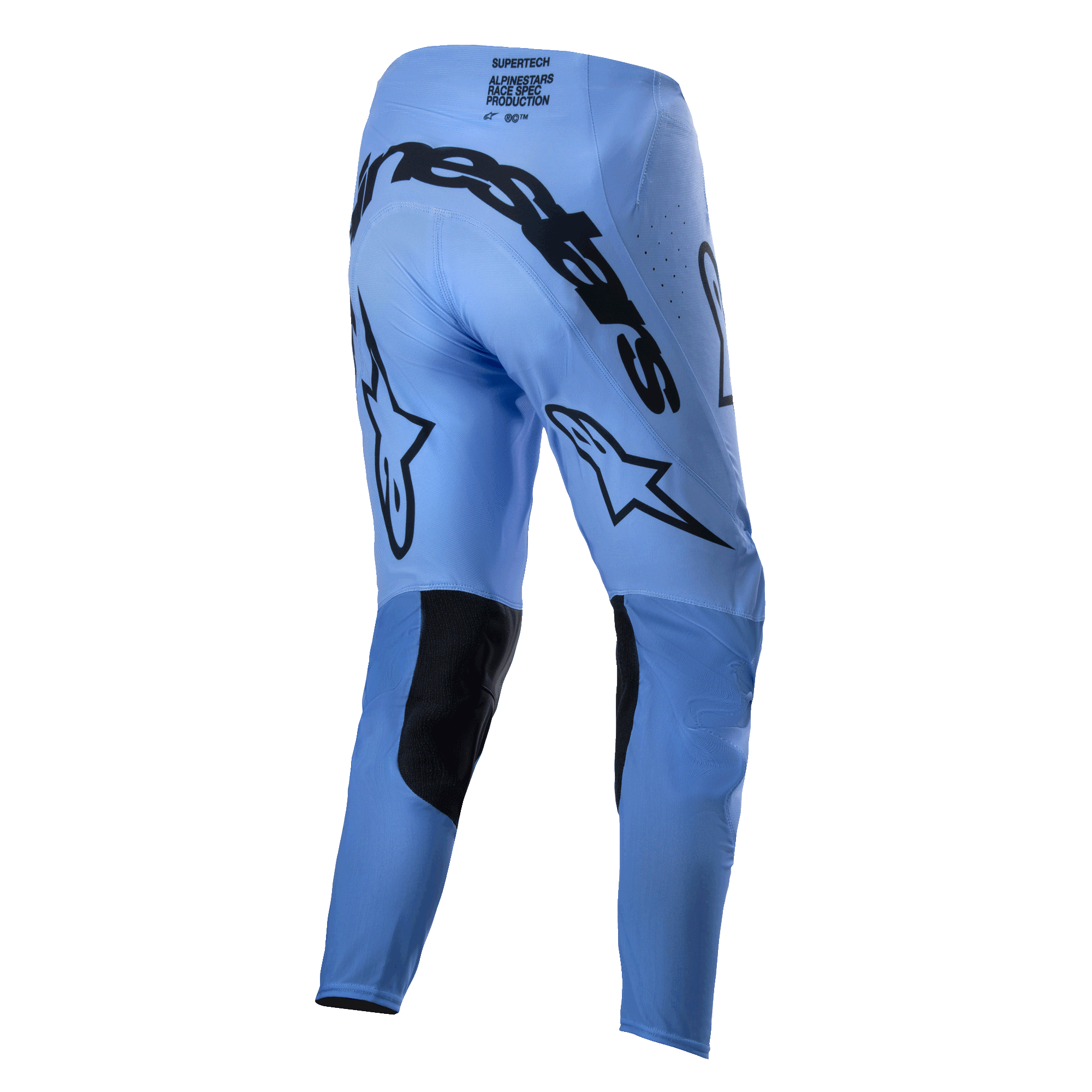 Alpinestars 2024 Supertech Dade Pants, spodnie motocrossowe, jasnoniebieskie, widok z tyłu ukazujący duże czarne logo Alpinestars na siedzeniu, logo gwiazdy z tyłu nogawek, czarne wzmocnione panele na wewnętrznej stronie kolan i perforowane strefy wentylacyjne.
