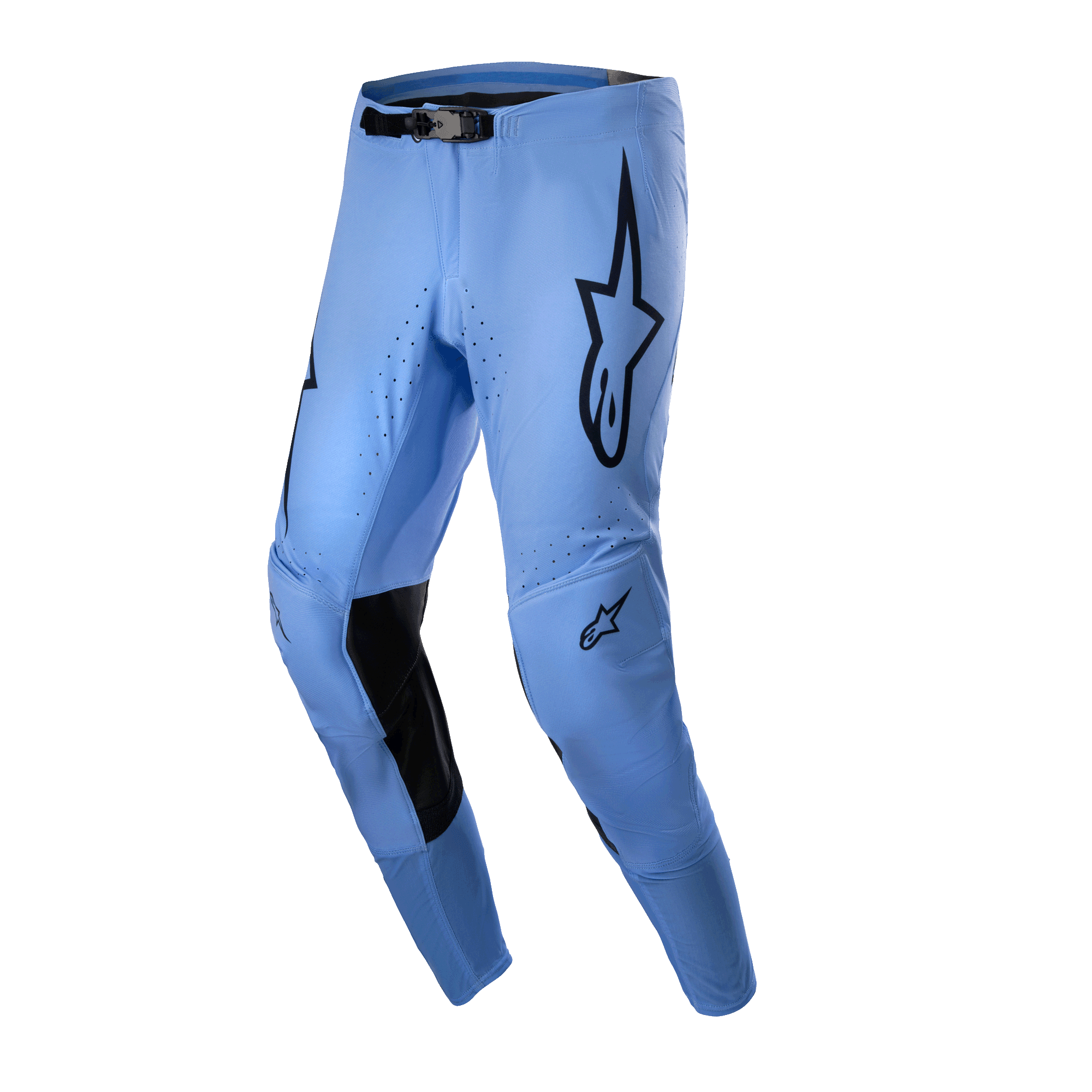 Alpinestars 2024 Supertech Dade Pants, spodnie motocrossowe, jasnoniebieskie z czarnymi logo gwiazdy na udach, czarne wzmocnienia na wewnętrznej stronie kolan, perforowane otwory wentylacyjne, sportowy krój wyścigowy zapewniający wydajność w terenie