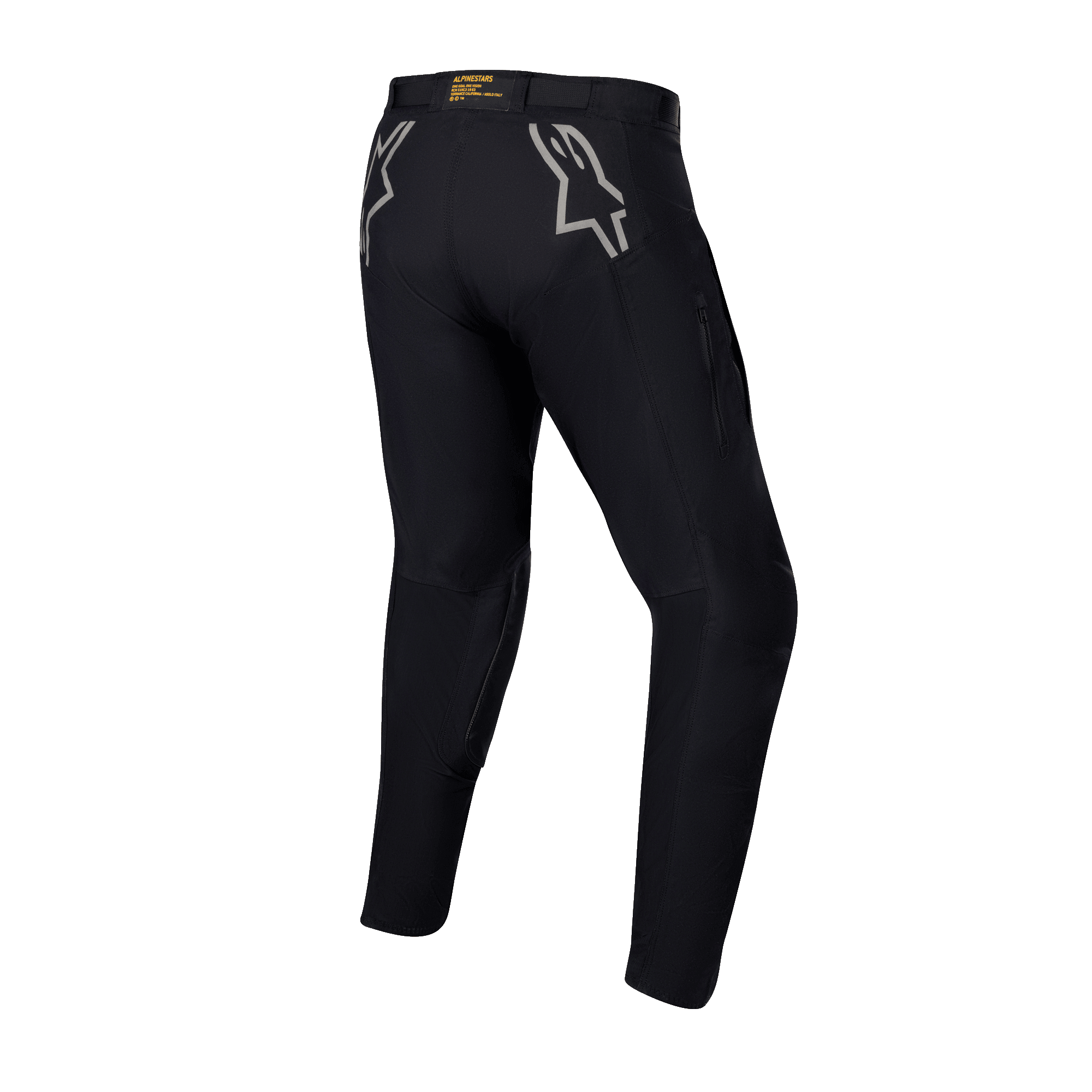 Spodnie Alpinestars Techdura, czarne spodnie enduro i off-road, widok z tyłu z szarymi logo gwiazdy na biodrach, żółte oznaczenia marki na tylnym pasie, wytrzymały, rozciągliwy materiał poliamidowy o trwałej konstrukcji do jazdy motocyklem