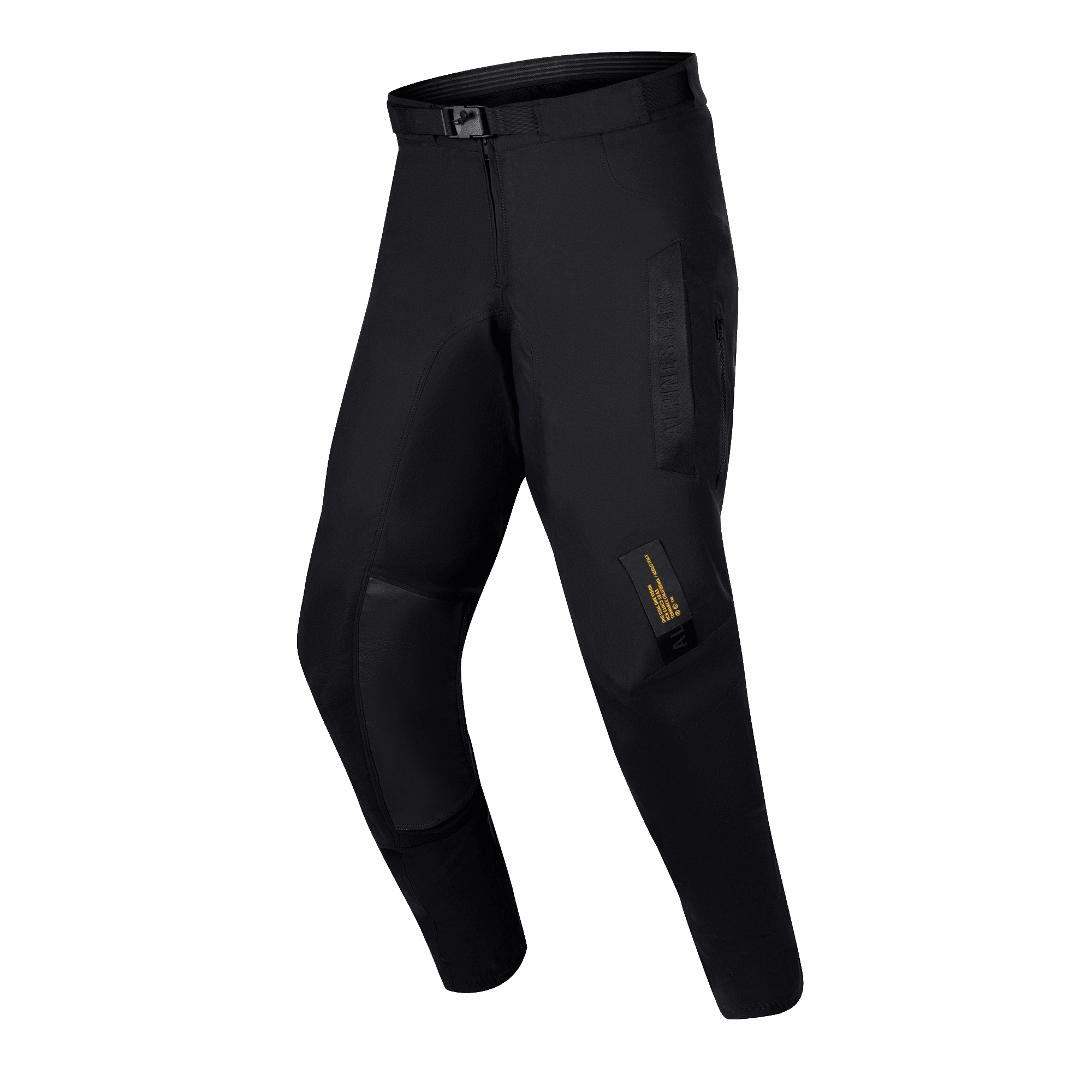 Alpinestars Techdura Pants 2024, spodnie enduro off-road, kolor czarny, wytrzymała konstrukcja z elastycznego poliamidu, panele z koziej skóry na kolanach, pasek z magnetyczną klamrą SX2, techniczne detale brandingowe
