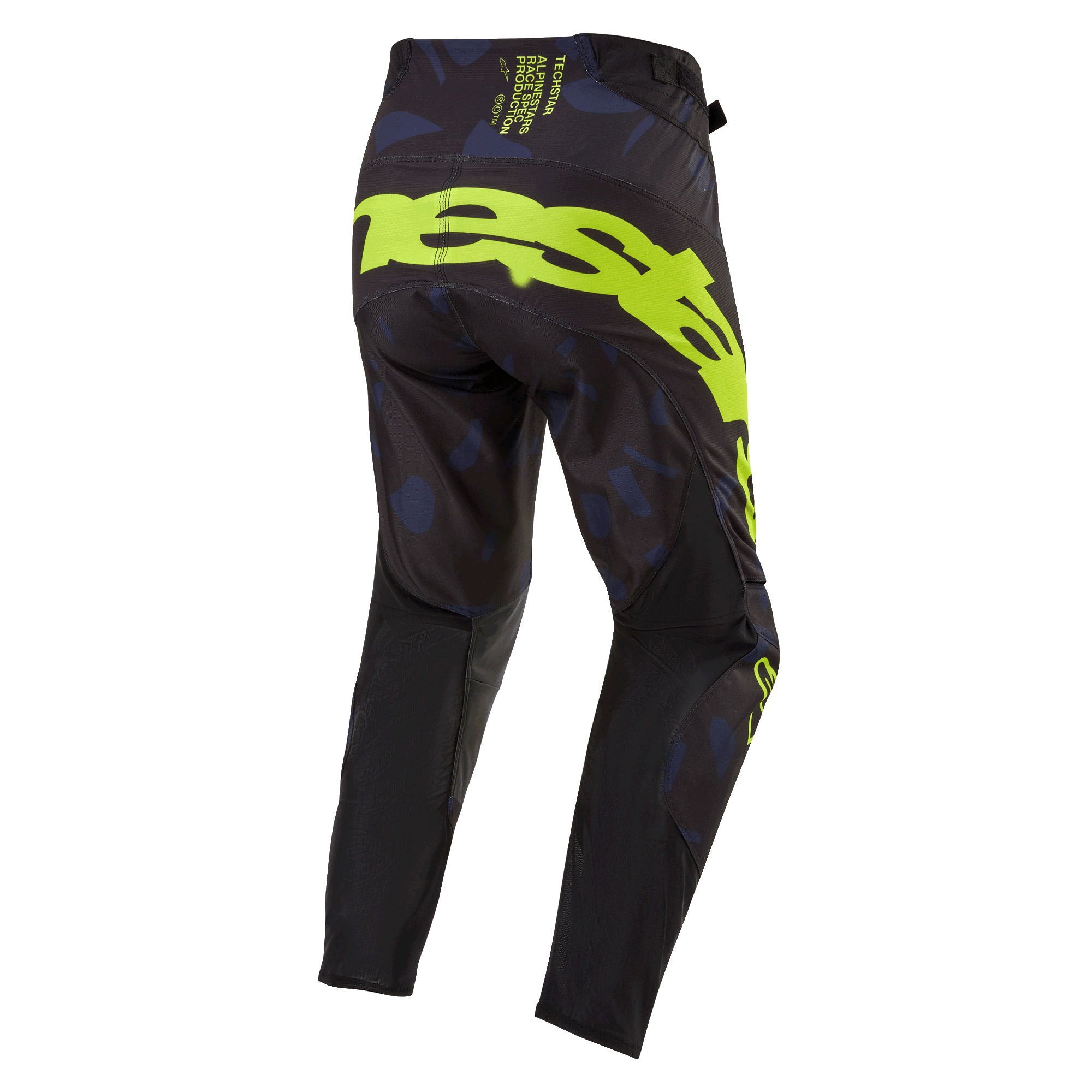 Alpinestars Techstar Rantera Pants 2024, spodnie motocrossowe, czarno-granatowe i żółte fluo, widok z tyłu z wyrazistym żółtym brandingiem na siedzeniu, granatowe wzorzyste panele i czarna tkanina techniczna zapewniająca wydajność w wyścigach terenowych