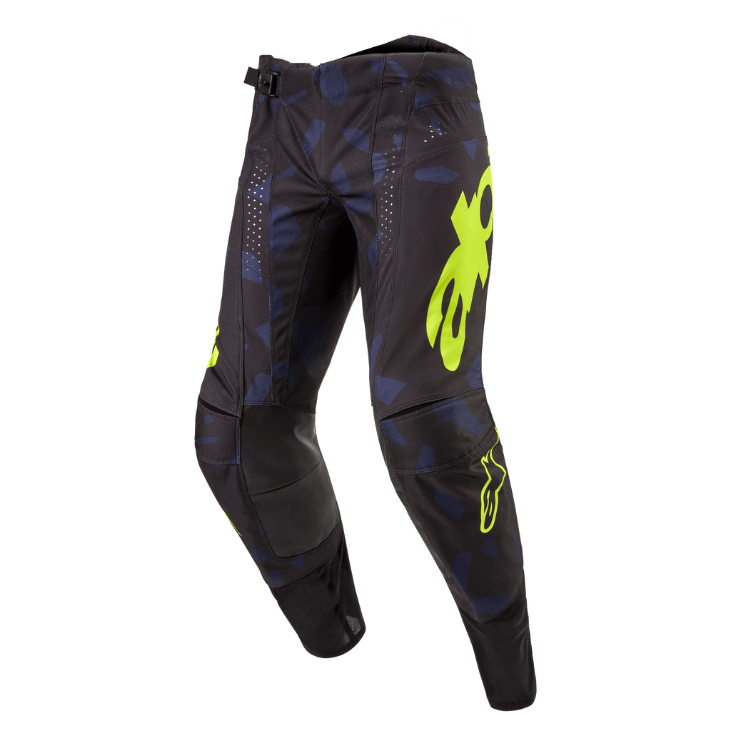 Alpinestars 2024 Techstar Rantera Pants, spodnie motocrossowe, czarno-granatowe i żółte fluo, z wyrazistym żółtym logo, laserowo wycinanymi perforacjami zapewniającymi przepływ powietrza i wzmocnionymi panelami na kolanach, design inspirowany wyścigami dla wydajności motocrossowej