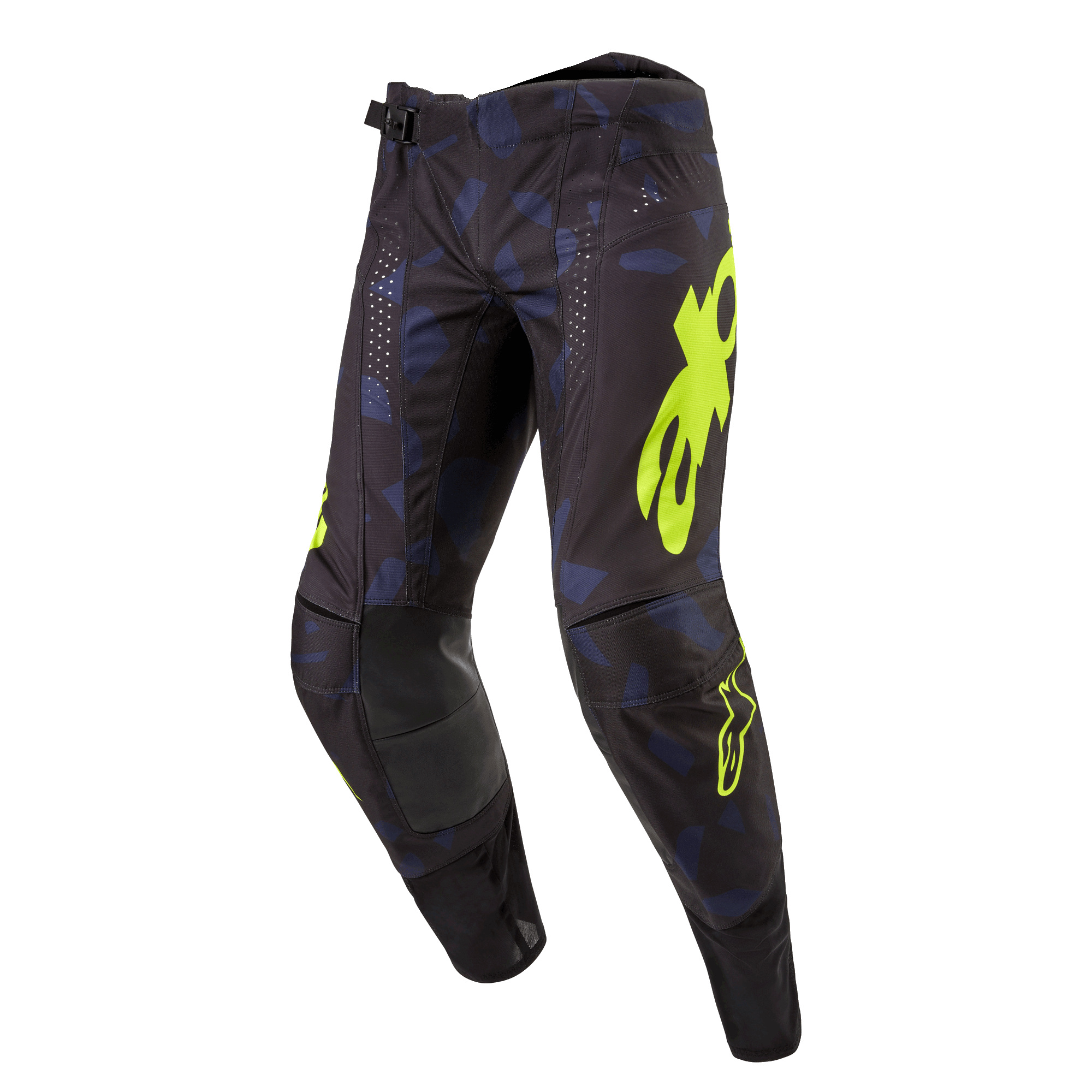 Alpinestars 2024 Techstar Rantera Pants, spodnie motocrossowe, czarno-granatowe i żółte fluo, z wyrazistym żółtym logo, laserowo wycinanymi perforacjami zapewniającymi przepływ powietrza i wzmocnionymi panelami na kolanach, design inspirowany wyścigami dla wydajności motocrossowej