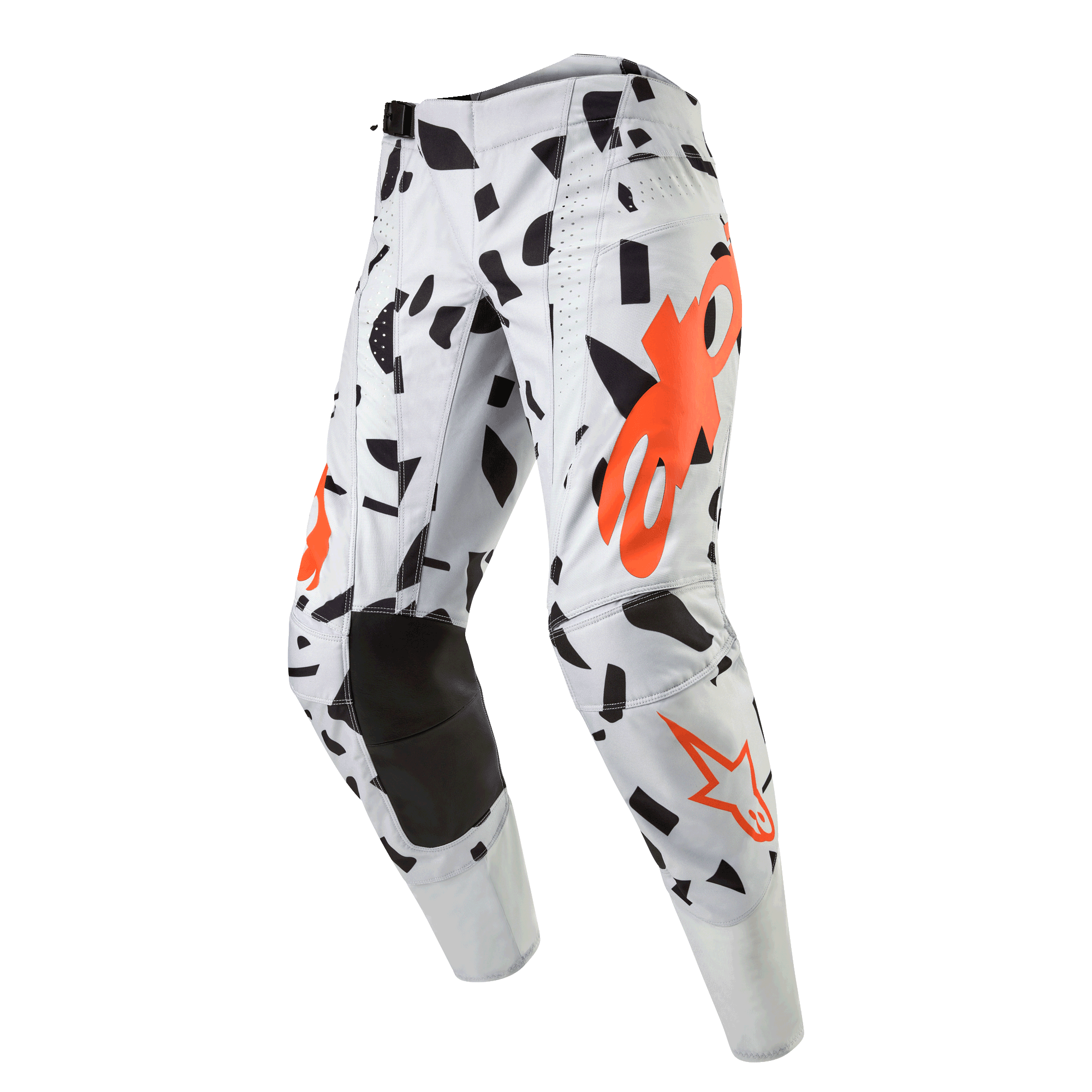 Alpinestars Techstar Rantera Pants 2024, spodnie motocrossowe, Haze Gray Camo, jasnoszare z czarnymi abstrakcyjnymi wzorami i pomarańczowymi logotypami, wzmocnione czarne kolana, profesjonalna odzież do wyścigów off-road