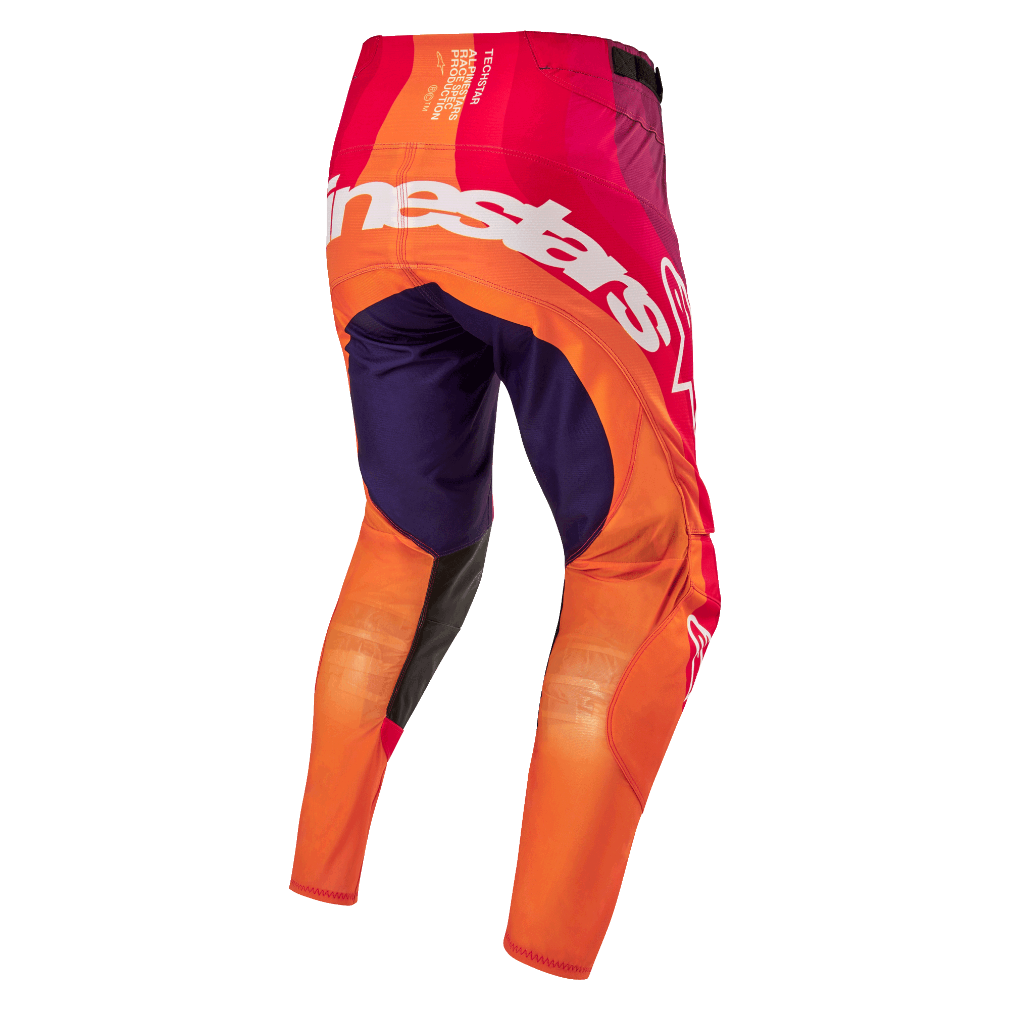 Alpinestars Techstar Pneuma Pants 2024, spodnie motocrossowe, fioletowe, pomarańczowe i granatowe, widok z tyłu, biały napis Alpinestars na siedzeniu, wytrzymała konstrukcja, wyścigowy krój
