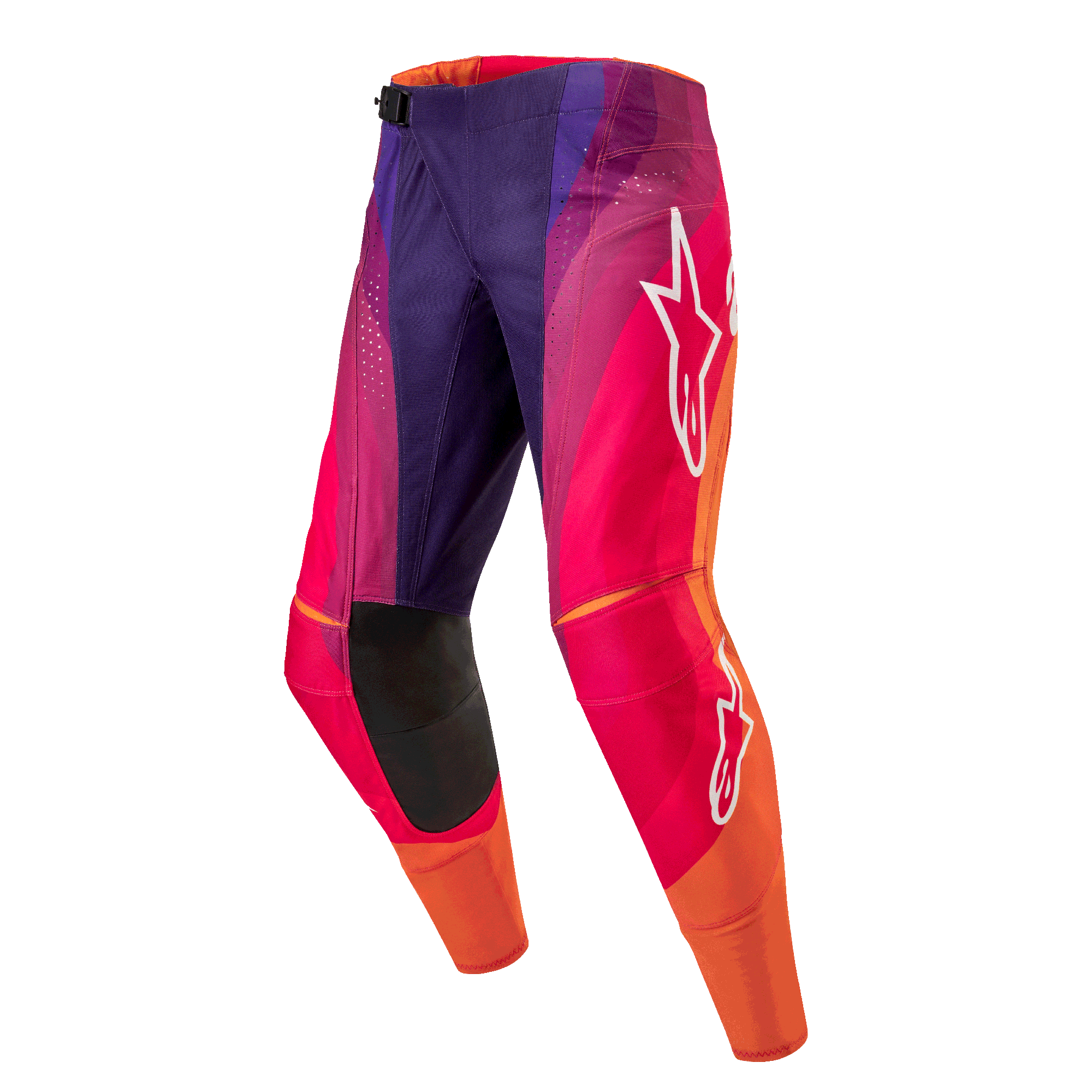 Alpinestars 2024 Techstar Pneuma Pants, spodnie motocrossowe, fioletowe z pomarańczowymi i ciemnoniebieskimi akcentami, białe logo Alpinestars, wzmocnione czarne panele na kolanach, sportowy krój wyścigowy