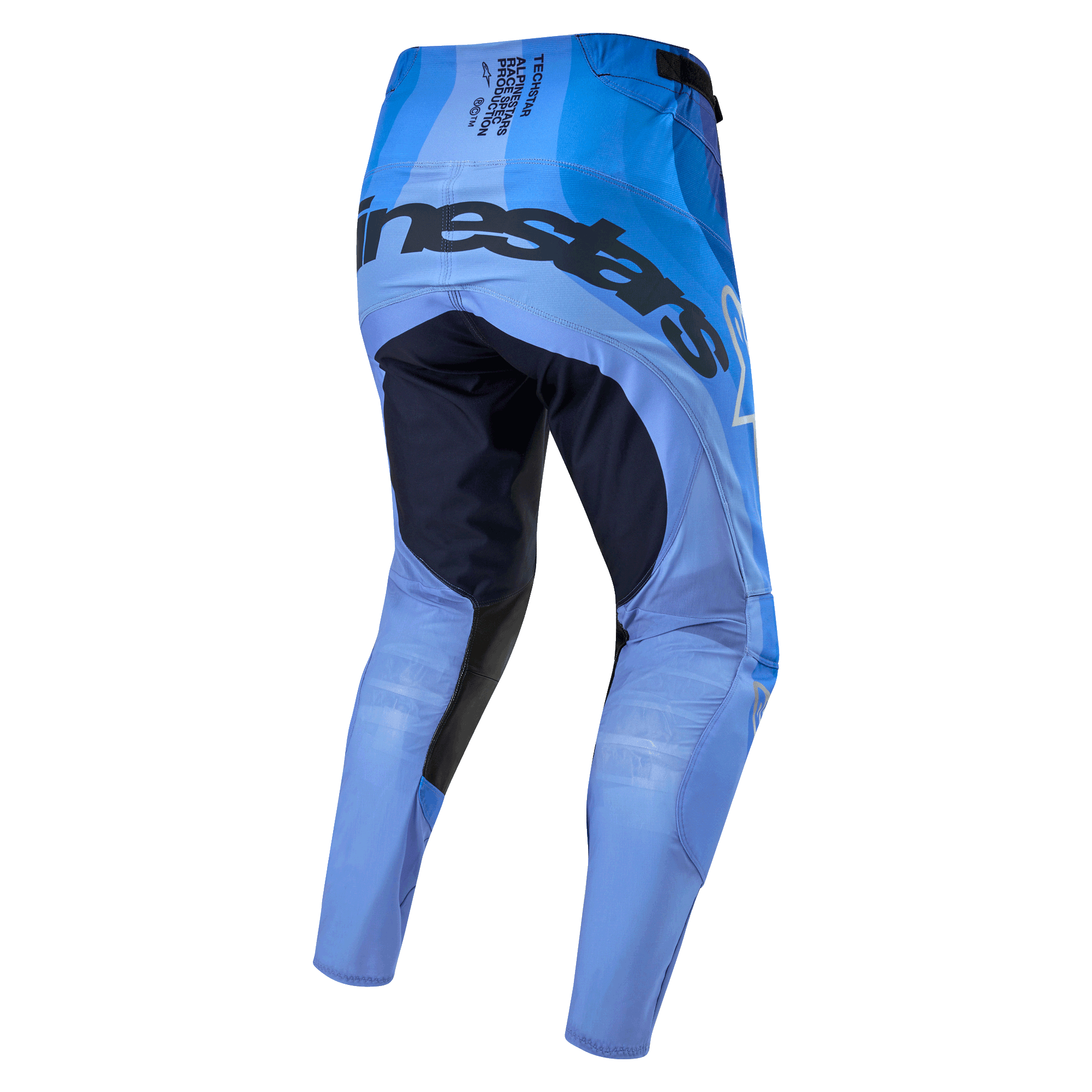 Alpinestars 2024 Techstar Pneuma Pants, spodnie motocrossowe, ciemnogranatowe i jasnoniebieskie, widok z tyłu z wyraźnym brandingiem na siedzeniu, ciemnogranatowe wzmocnione panele na wewnętrznej stronie ud i lekka jasnoniebieska konstrukcja dla wydajności w terenie.