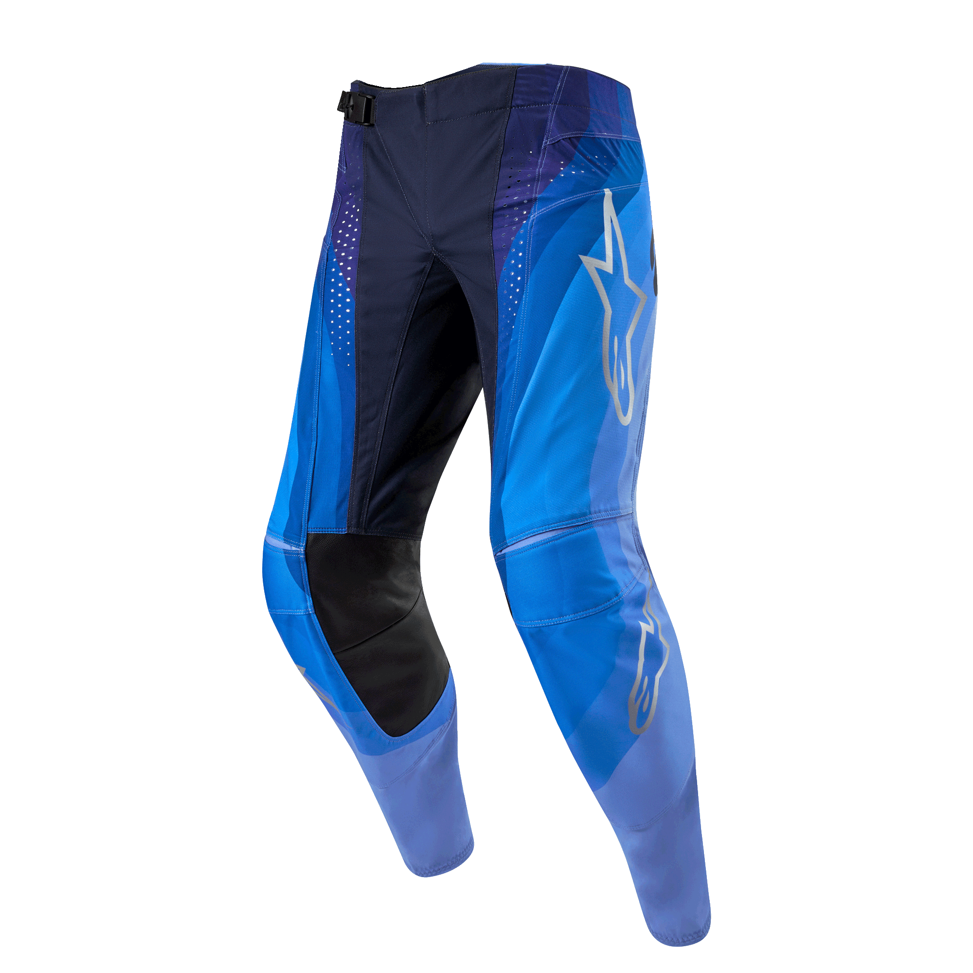 Alpinestars Techstar Pneuma Pants 2024, spodnie motocrossowe, granatowe i jasnoniebieskie, srebrne logo gwiazdy Alpinestars na udzie, czarne skórzane panele po wewnętrznej stronie kolan oraz laserowo wycinane otwory wentylacyjne