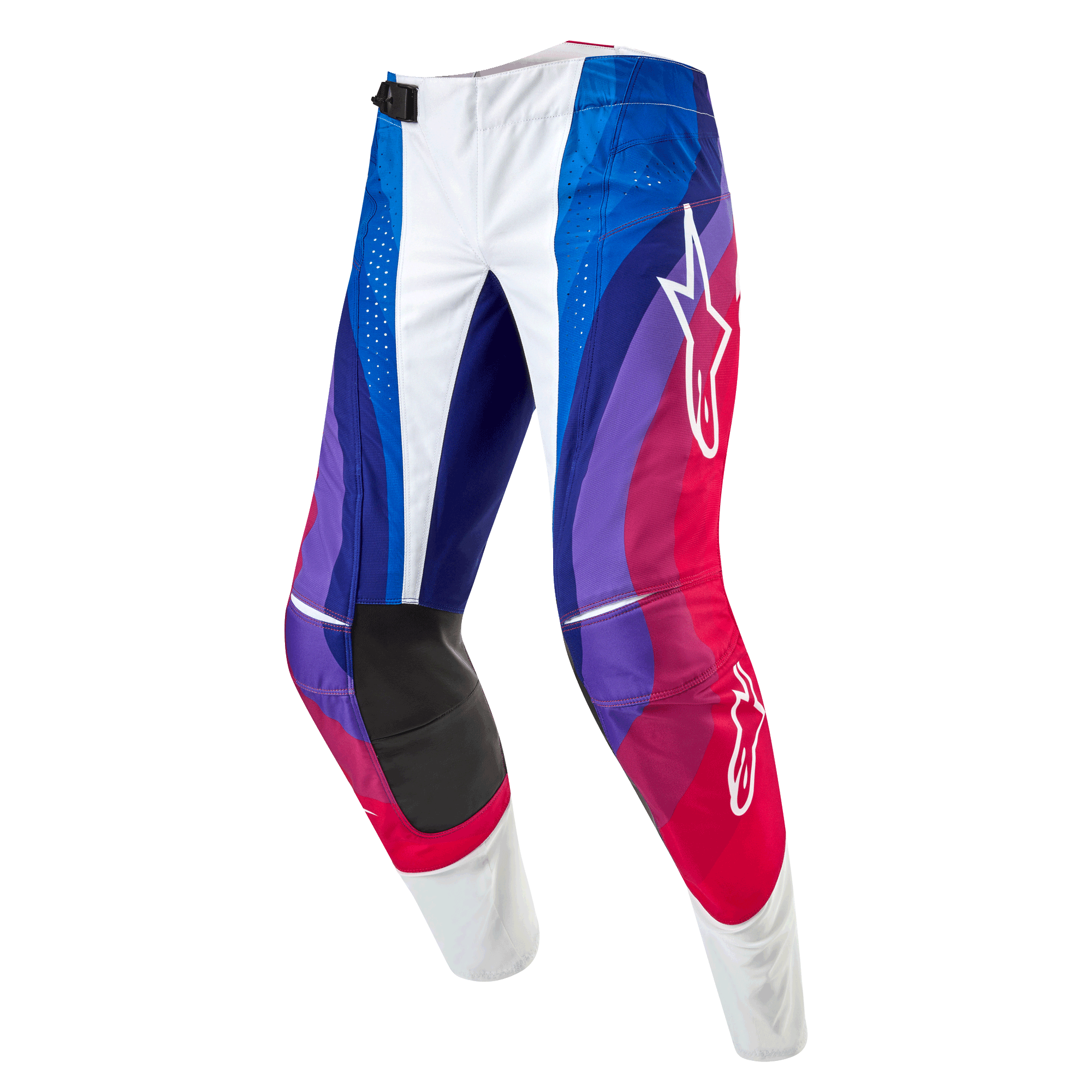 Alpinestars Techstar Pneuma Pants 2024, spodnie motocrossowe, niebiesko-czerwono-białe, dynamiczny wzór fal w odcieniach niebieskiego, fioletowego i czerwonego, białe logo Alpinestars, wytrzymałe czarne panele po wewnętrznej stronie kolan