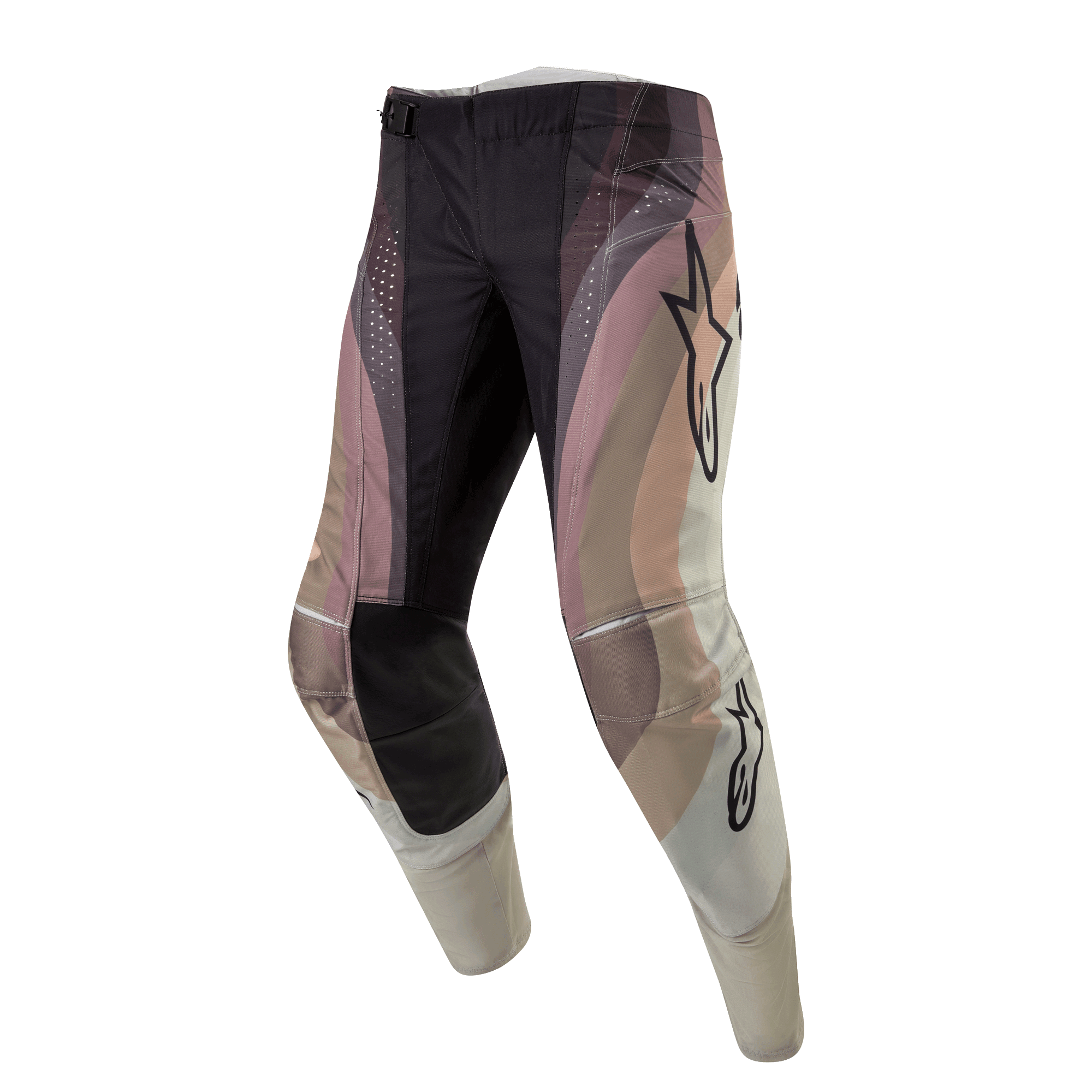 Alpinestars Techstar Pneuma Pants 2024, spodnie motocrossowe, kolory ciemny piaskowy, żelazny pył i szary, falisty wzór blokowy z logo gwiazdy Alpinestars, czarne wzmocnione panele na kolanach i laserowe perforacje, wytrzymała odzież do wyścigów terenowych