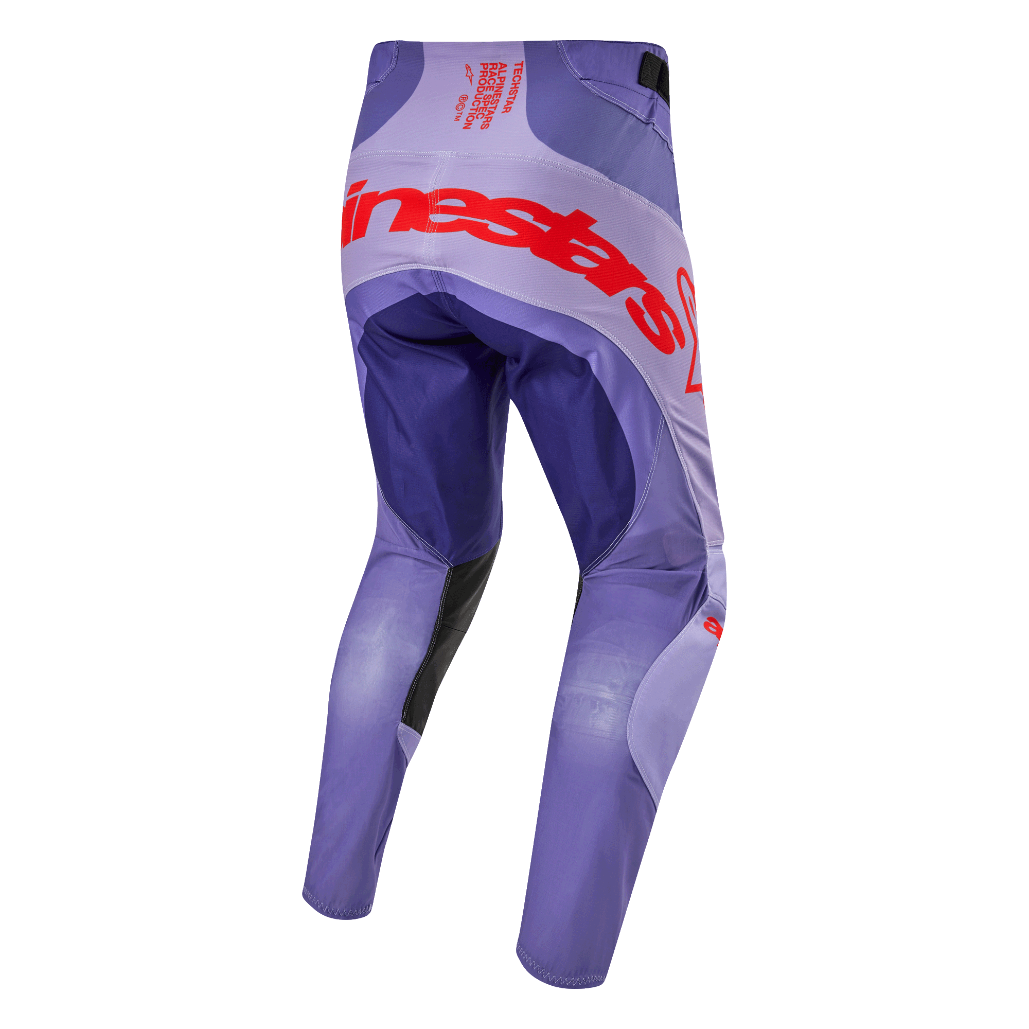 Alpinestars Techstar Ocuri Pants 2024, spodnie motocrossowe, fioletowe z jaskrawopomarańczowymi akcentami, duże czerwone logo Alpinestars na siedzeniu, nowoczesny krój wyścigowy, widok z tyłu