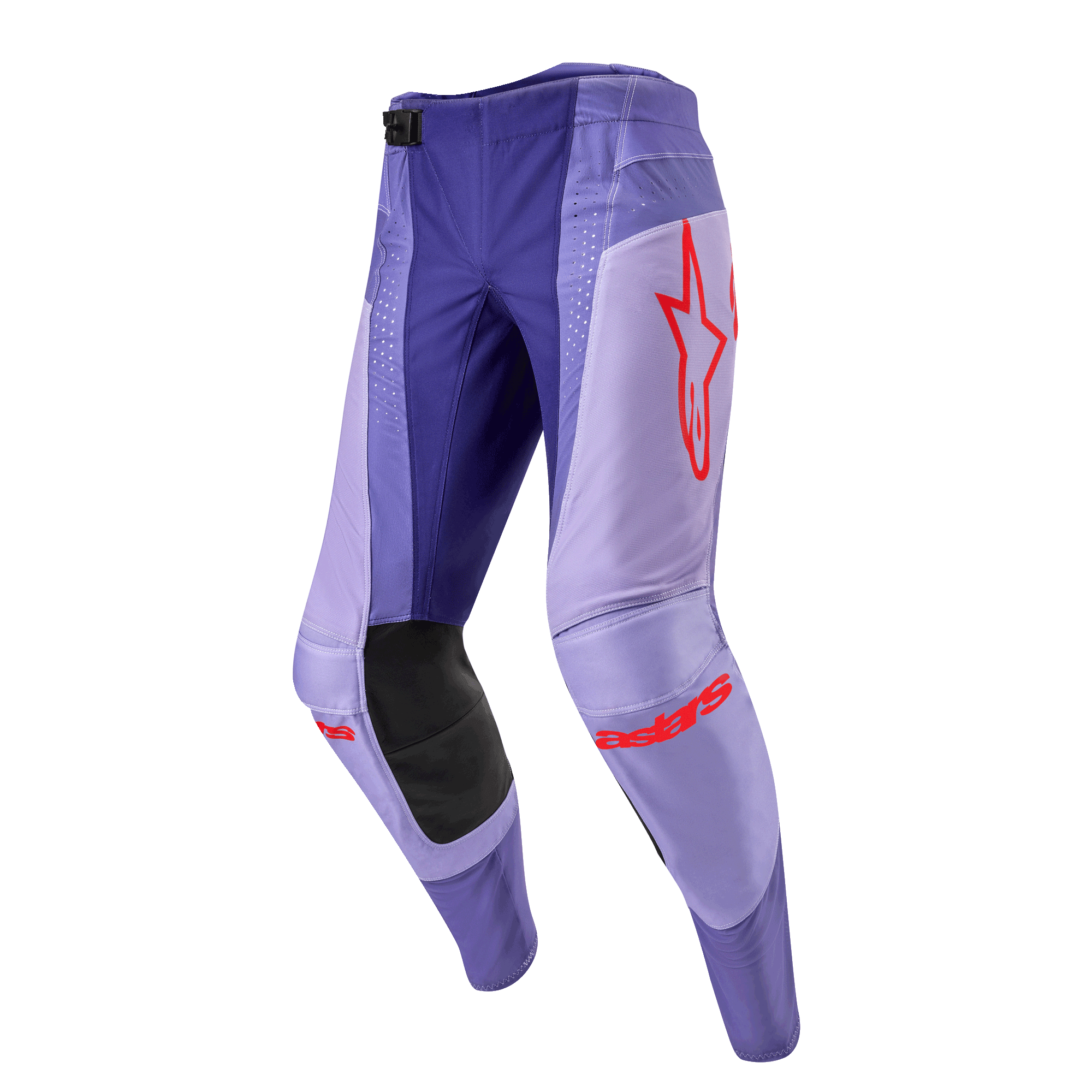 Alpinestars Techstar Ocuri Pants 2024, spodnie motocrossowe, fioletowe z jaskrawopomarańczowymi akcentami, czerwone logo na udzie i łydce, czarne panele wzmacniające na kolanach, wyczynowy design sportowy