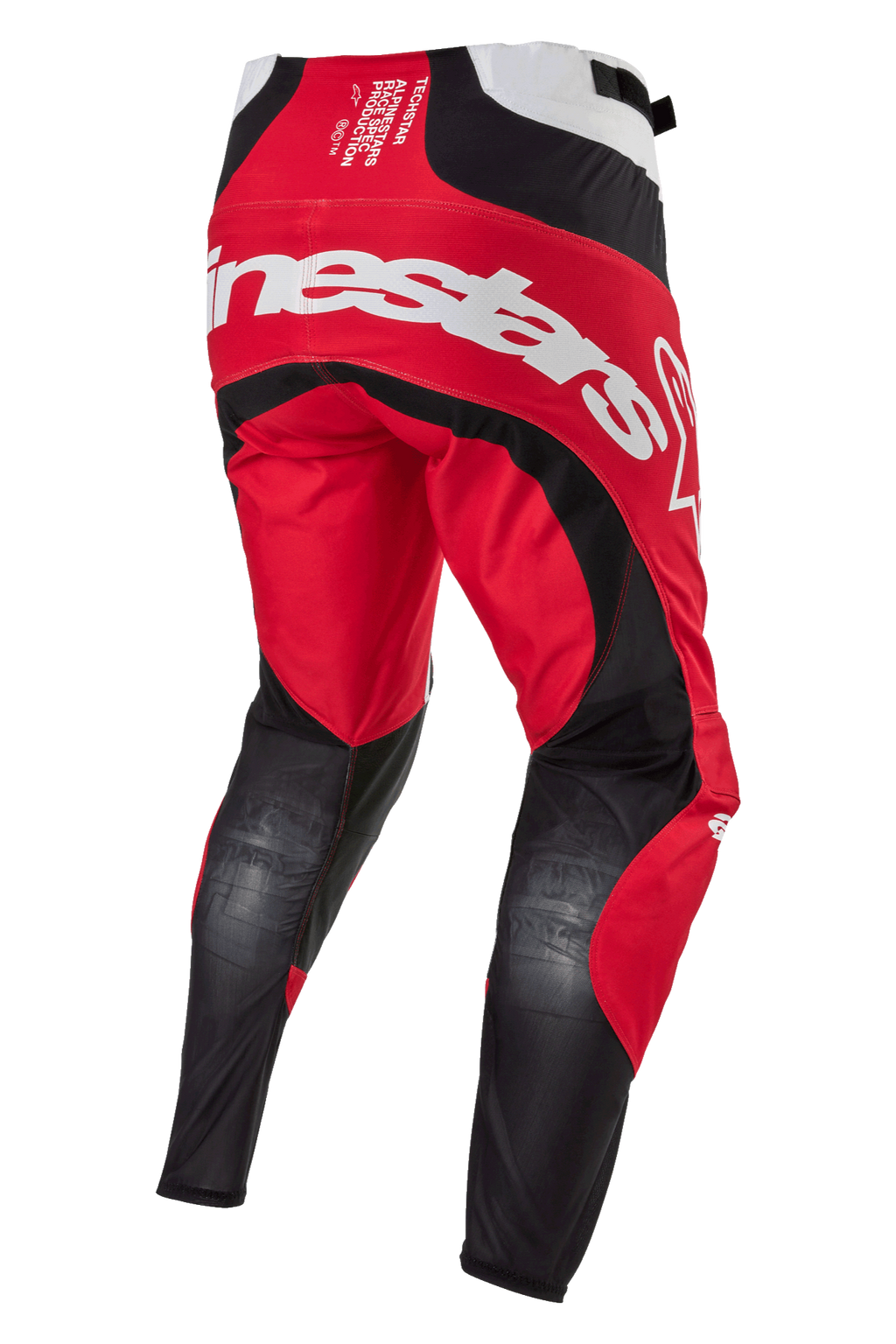 Alpinestars Techstar Ocuri Pants 2024, spodnie motocrossowe, czerwono-biało-czarne, widok z tyłu z dużym białym logo Alpinestars na siedzeniu, oddychające czarne panele z siatki z tyłu nogawek, wytrzymała czerwona konstrukcja tekstylna do wyścigów off-road