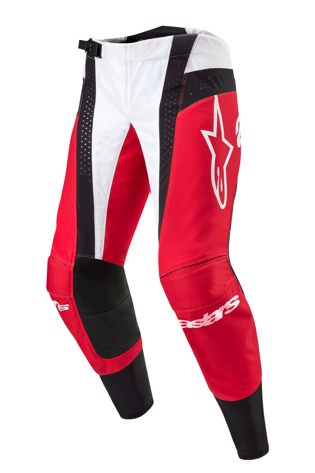 Alpinestars Techstar Ocuri Pants 2024, spodnie motocrossowe, czerwone, białe i czarne, z czerwonymi i białymi panelami oraz czarnymi perforowanymi akcentami, duże białe logo Astar na udzie, branding Alpinestars na goleniach, wytrzymała konstrukcja do wyścigów off-road