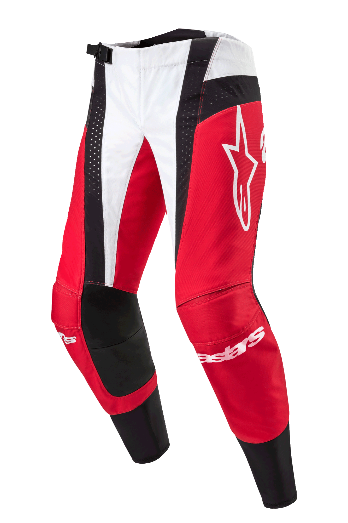 Alpinestars Techstar Ocuri Pants 2024, spodnie motocrossowe, czerwone, białe i czarne, z czerwonymi i białymi panelami oraz czarnymi perforowanymi akcentami, duże białe logo Astar na udzie, branding Alpinestars na goleniach, wytrzymała konstrukcja do wyścigów off-road