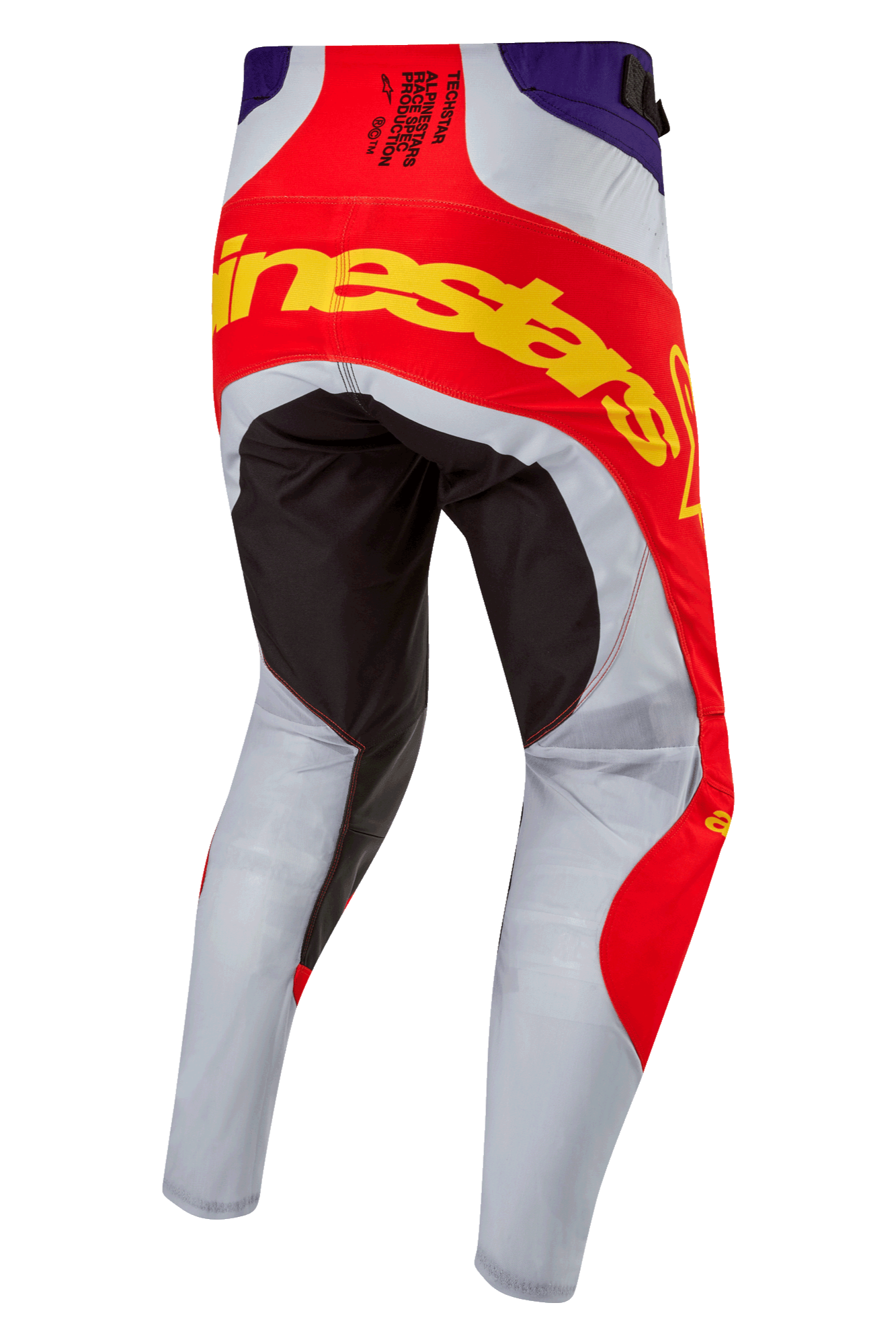 Alpinestars 2024 Techstar Ocuri Pants, spodnie motocrossowe, pomarańczowe, fioletowe i czarne, widok z tyłu z wyraźnym żółtym brandingiem na siedzeniu, czarne wzmocnione panele oraz jasnoszare wentylowane nogawki