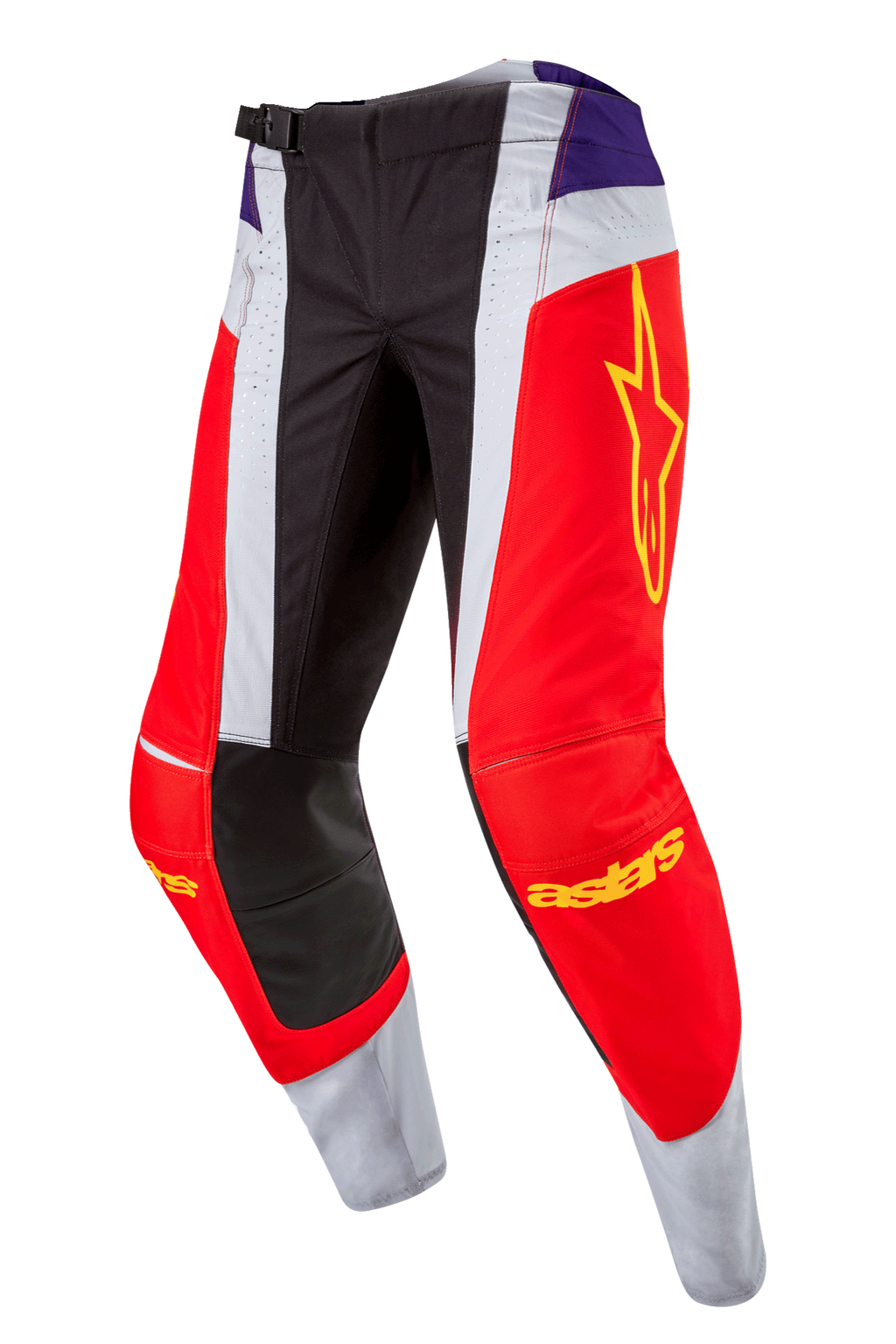 Alpinestars Techstar Ocuri Pants 2024, spodnie motocrossowe, kolor Hot Orange Purple Black, czerwone i białe panele, fioletowe akcenty na biodrach, żółte logo gwiazdy na udzie, czarne wzmocnienia na kolanach, sportowy design do jazdy terenowej