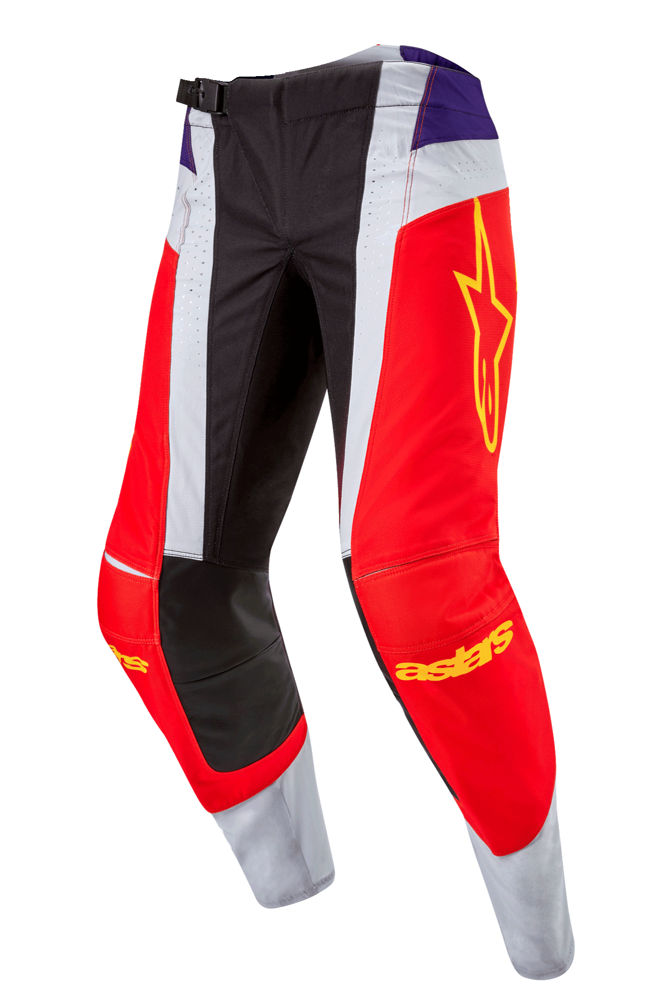 Alpinestars Techstar Ocuri Pants 2024, spodnie motocrossowe, kolor Hot Orange Purple Black, czerwone i białe panele, fioletowe akcenty na biodrach, żółte logo gwiazdy na udzie, czarne wzmocnienia na kolanach, sportowy design do jazdy terenowej