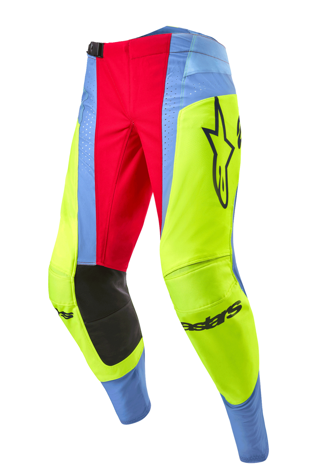 Alpinestars Techstar Ocuri Pants 2024, spodnie motocrossowe, jasnoniebieskie, fluorescencyjne żółte i czerwone, czarne panele na wewnętrznej stronie kolan, wyraźne logo Alpinestars, jaskrawe wielokolorowe panele do jazdy terenowej