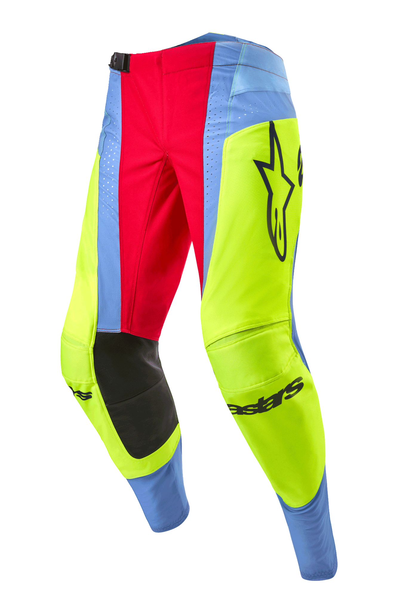 Alpinestars Techstar Ocuri Pants 2024, spodnie motocrossowe, jasnoniebieskie, fluorescencyjne żółte i czerwone, czarne panele na wewnętrznej stronie kolan, wyraźne logo Alpinestars, jaskrawe wielokolorowe panele do jazdy terenowej