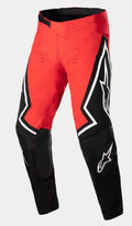 Alpinestars Techstar Acumen LE Pants, spodnie motocrossowe, czerwono-czarno-białe, czerwona górna część z czarnymi dolnymi sekcjami nogawek, białe logo gwiazdy po bokach, czarna regulowana klamra w pasie, wytrzymała odzież wyścigowa off-road