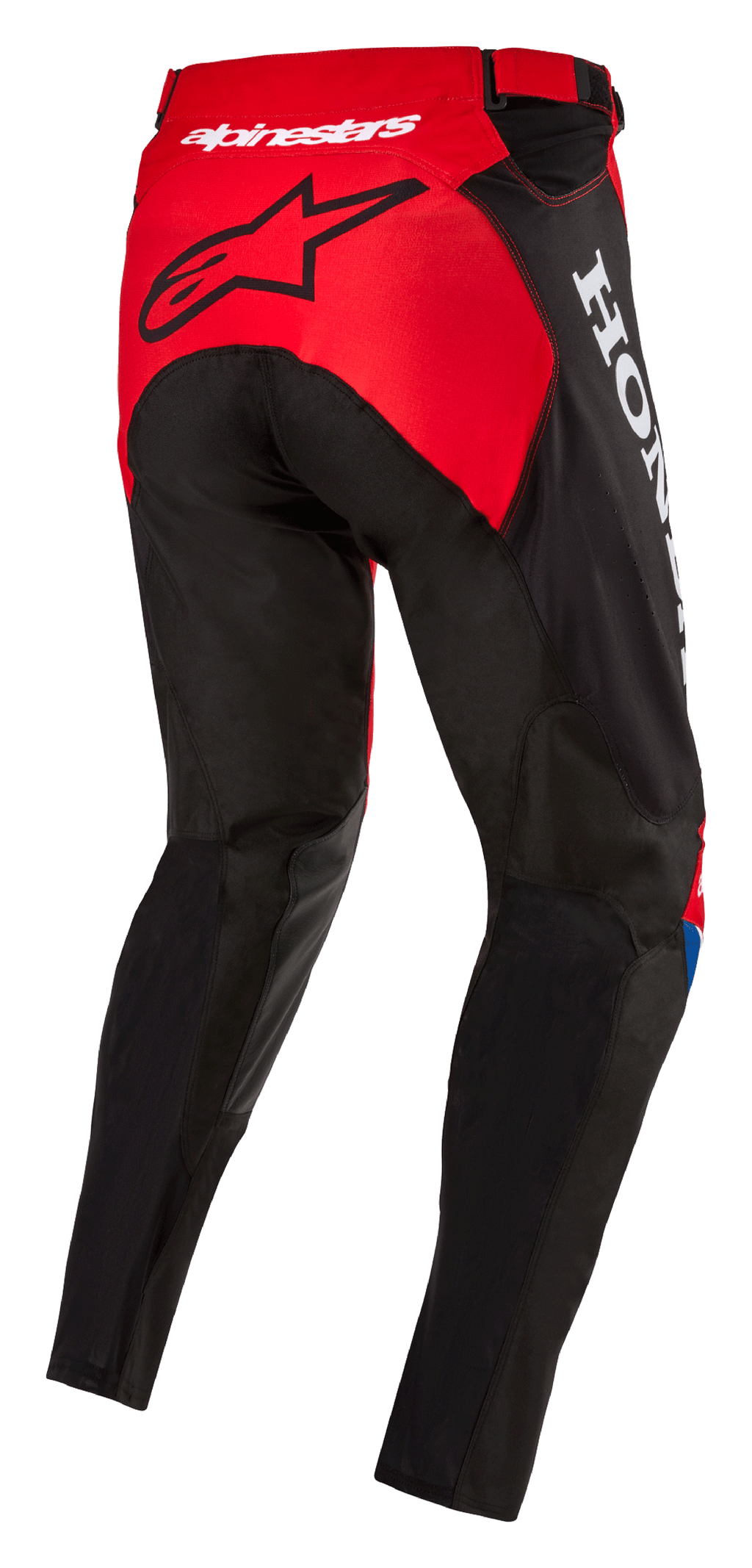 Alpinestars Honda Racer Iconic Pants, spodnie motocrossowe, jaskrawoczerwone, czarne i białe, widok z tyłu pod kątem trzech czwartych pokazujący czerwony panel na siedzisku z czarnym logo gwiazdy, białe logo Honda z boku, wytrzymała tekstylna konstrukcja o sportowym kroju do wyścigów terenowych
