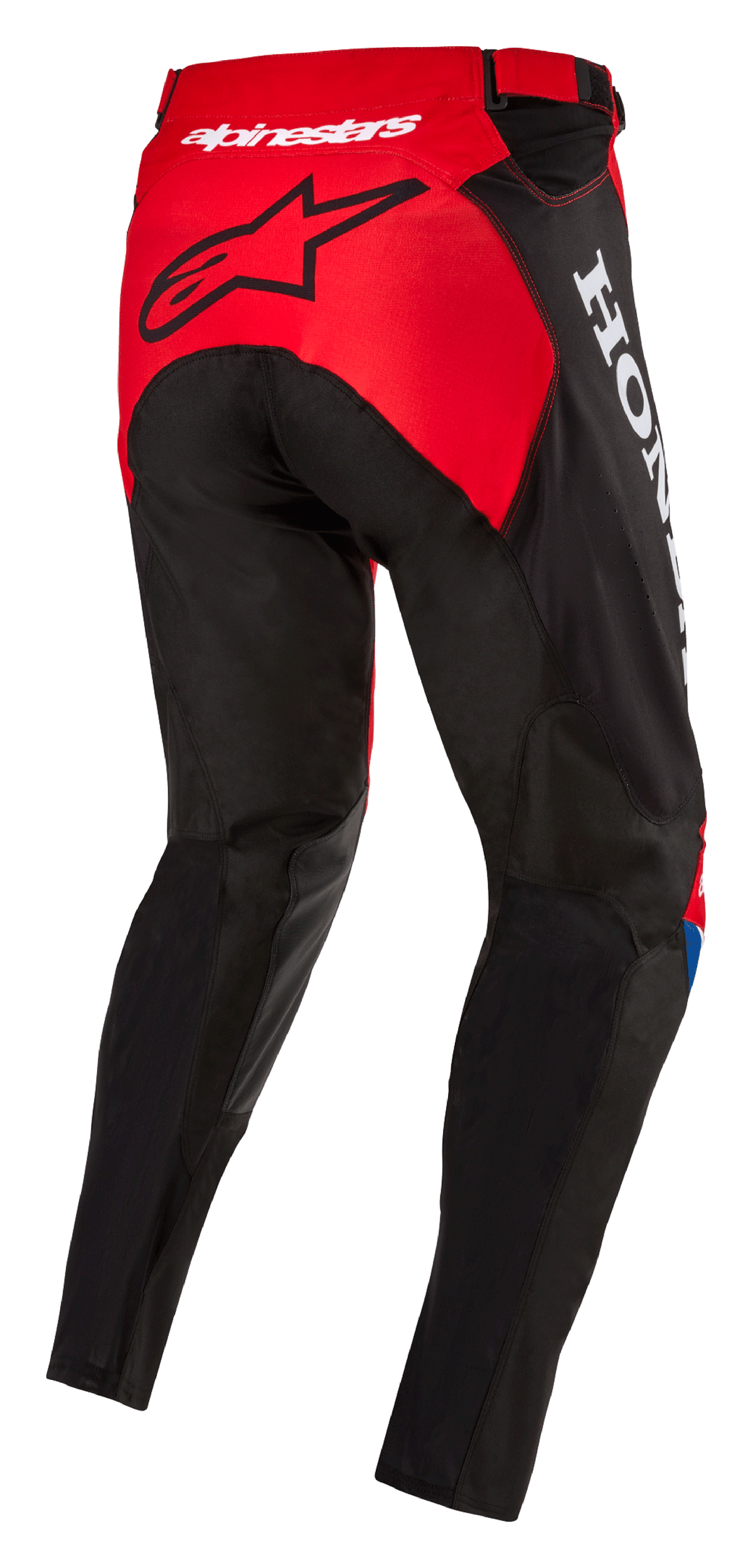 Alpinestars Honda Racer Iconic Pants, spodnie motocrossowe, jaskrawoczerwone, czarne i białe, widok z tyłu pod kątem trzech czwartych pokazujący czerwony panel na siedzisku z czarnym logo gwiazdy, białe logo Honda z boku, wytrzymała tekstylna konstrukcja o sportowym kroju do wyścigów terenowych