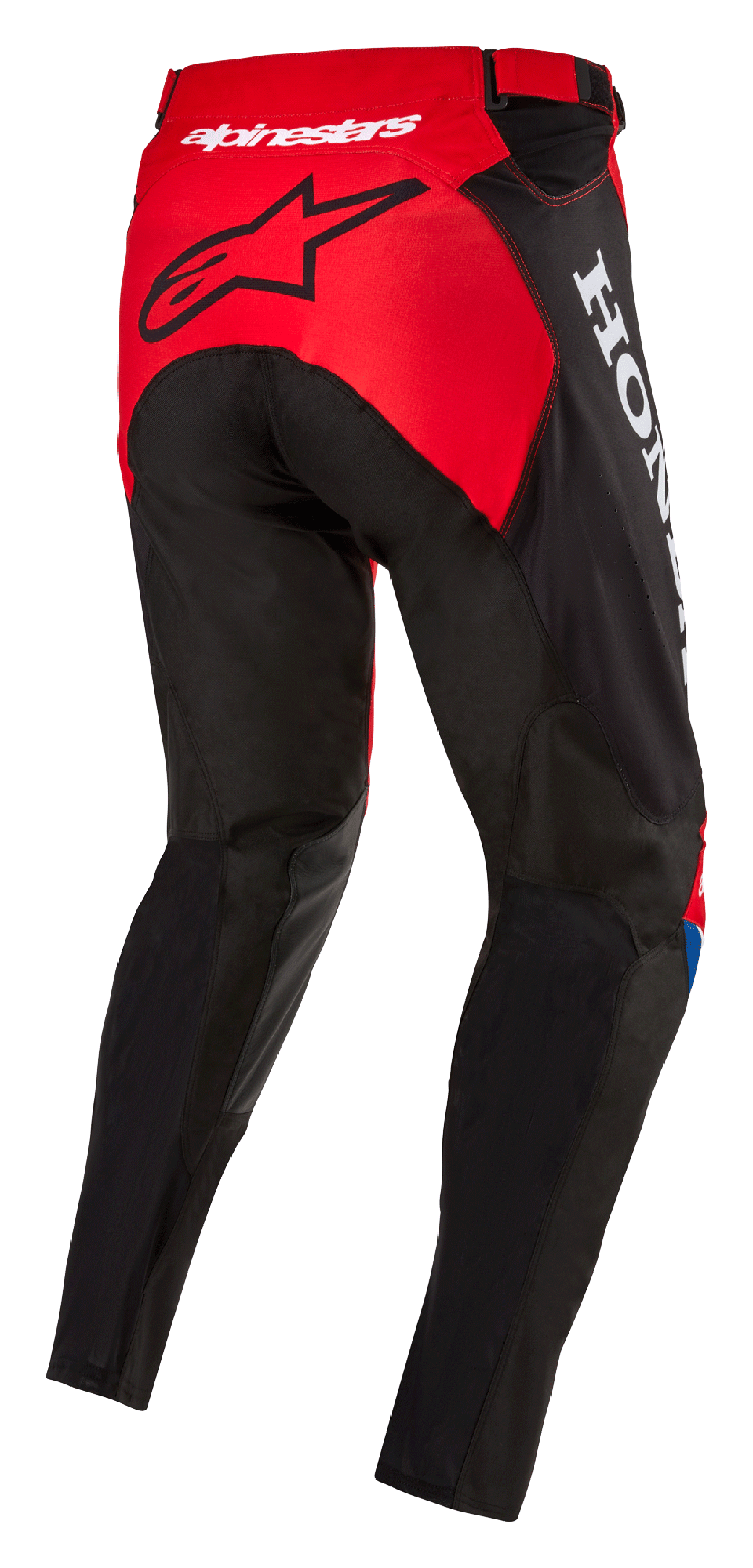 Alpinestars Honda Racer Iconic Pants, spodnie motocrossowe, jaskrawoczerwone, czarne i białe, widok z tyłu pod kątem trzech czwartych pokazujący czerwony panel na siedzisku z czarnym logo gwiazdy, białe logo Honda z boku, wytrzymała tekstylna konstrukcja o sportowym kroju do wyścigów terenowych