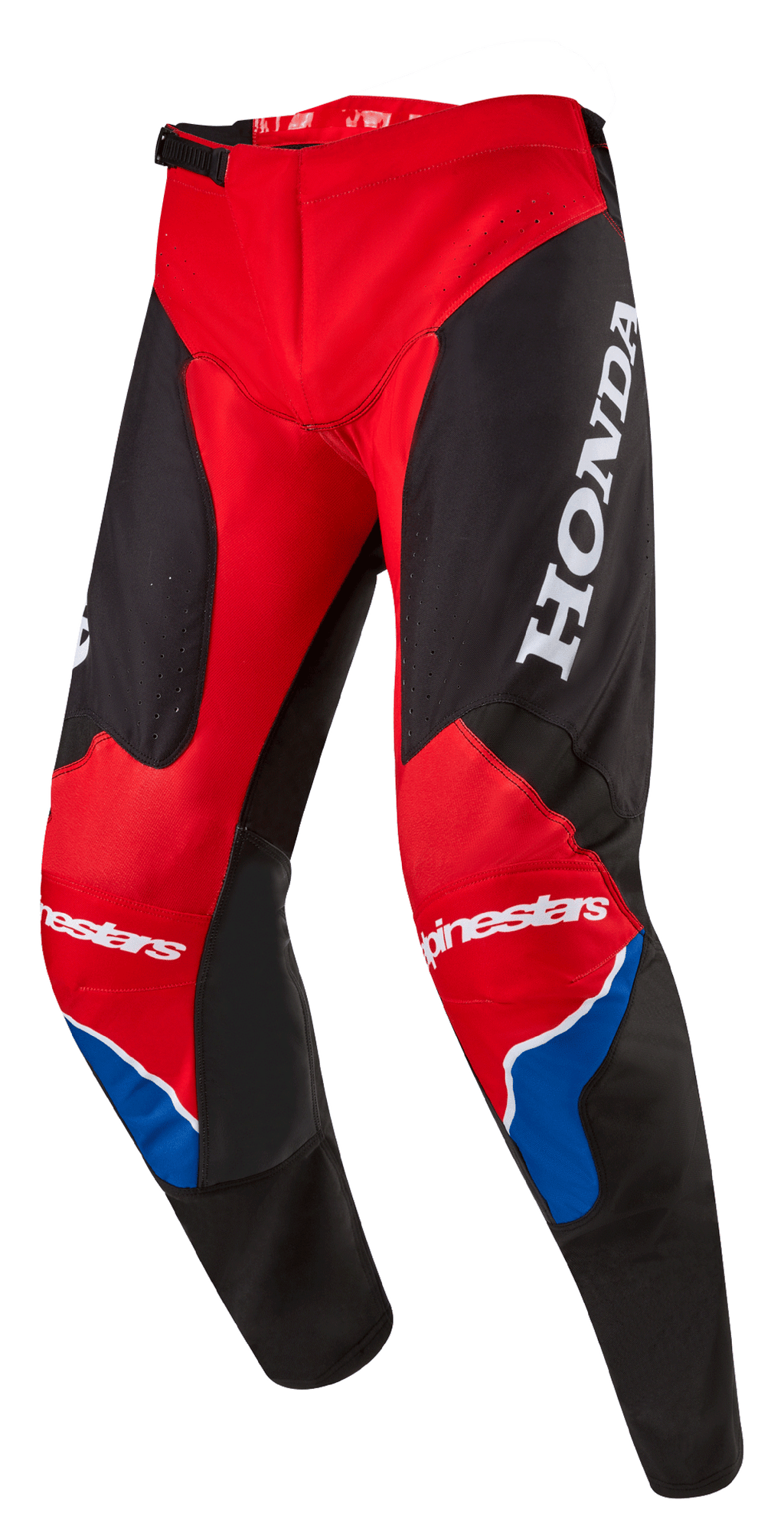Spodnie Alpinestars Honda Racer Iconic, spodnie motocrossowe, jaskrawoczerwone, czarne i białe z niebieskimi akcentami, z dużym białym logo HONDA na udzie, brandingiem Alpinestars na kolanach, ergonomiczną, wstępnie zakrzywioną konstrukcją nogawek i regulowanym zapięciem zapadkowym w pasie.
