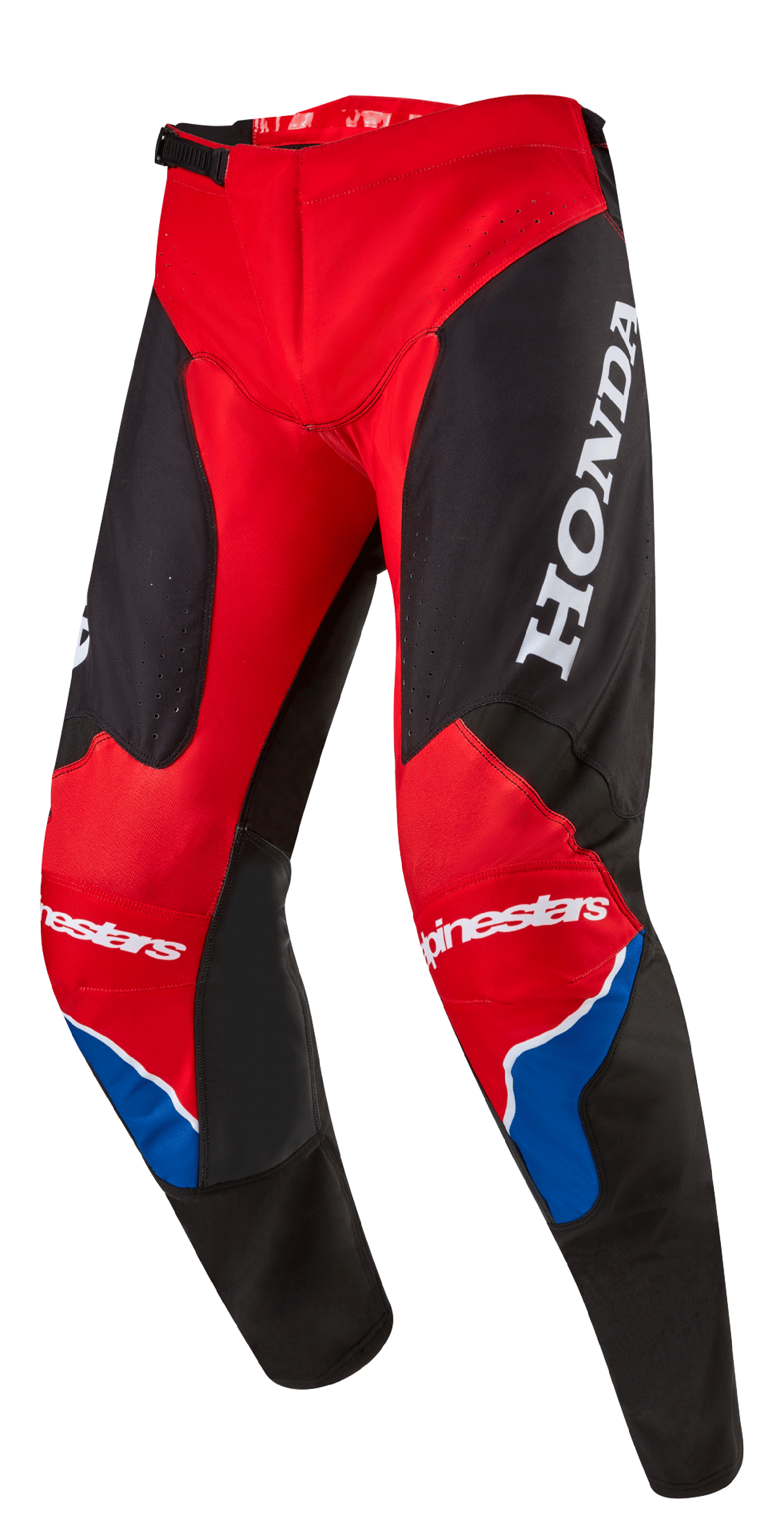 Spodnie Alpinestars Honda Racer Iconic, spodnie motocrossowe, jaskrawoczerwone, czarne i białe z niebieskimi akcentami, z dużym białym logo HONDA na udzie, brandingiem Alpinestars na kolanach, ergonomiczną, wstępnie zakrzywioną konstrukcją nogawek i regulowanym zapięciem zapadkowym w pasie.