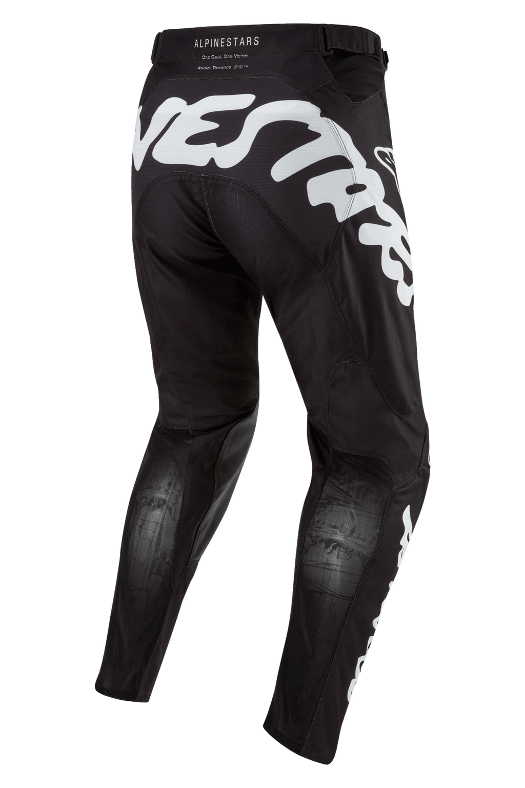 Alpinestars Racer Hana Pants 2024, spodnie motocrossowe, czarno-białe, widok z tyłu, duże białe logo na siedzeniu, panele wentylacyjne na łydkach, ergonomiczny sportowy krój