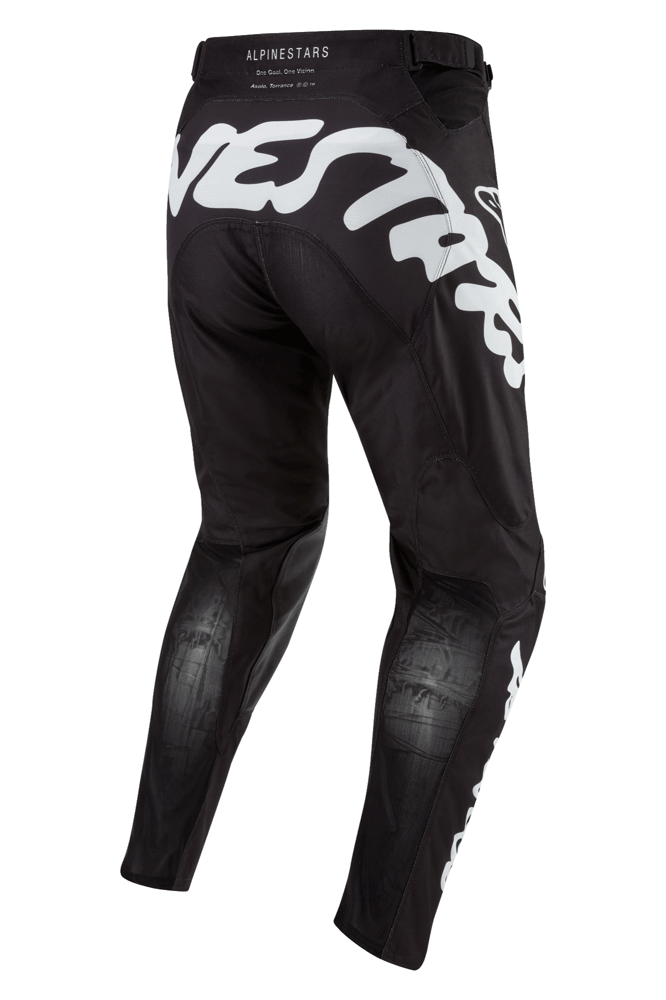 Alpinestars Racer Hana Pants 2024, spodnie motocrossowe, czarno-białe, widok z tyłu, duże białe logo na siedzeniu, panele wentylacyjne na łydkach, ergonomiczny sportowy krój