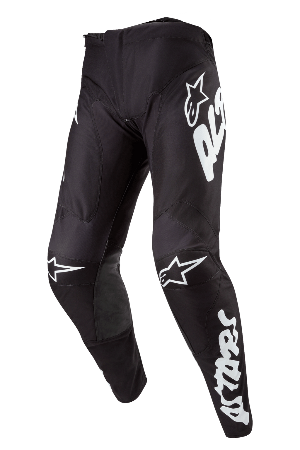 Alpinestars Racer Hana Pants 2024, spodnie motocrossowe, czarne z białymi grafikami, duże pionowe logo Alpinestars na nogawce, białe logo gwiazdy na kolanach, ergonomiczny sportowy design