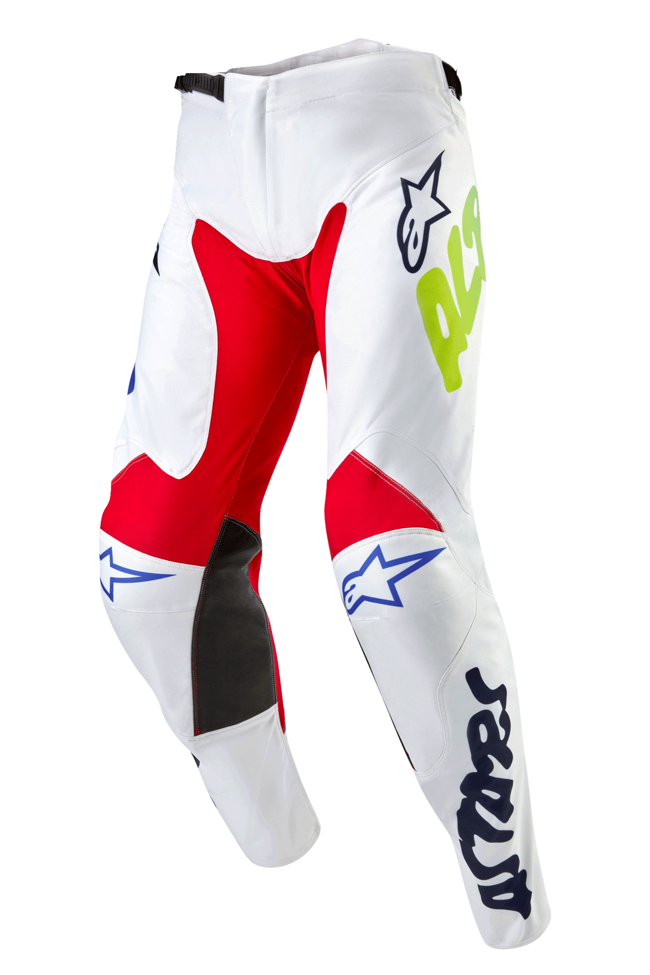 Alpinestars 2024 Racer Hana Pants, spodnie motocrossowe, białe wielokolorowe z czerwonymi i czarnymi panelami na kolanach, niebieskie logo Astars i neonowożółte detale, ergonomiczny krój z zapięciem zapadkowym, wytrzymały materiał do jazdy terenowej