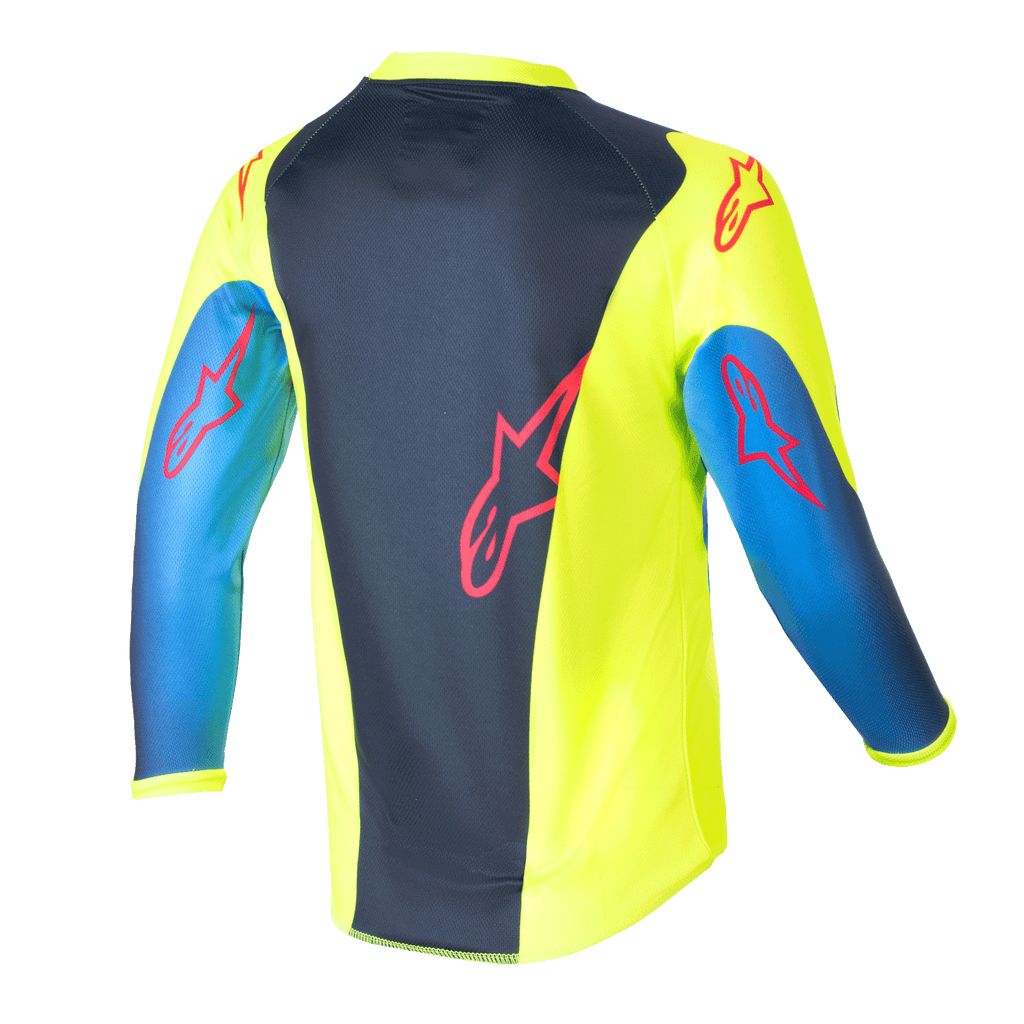 Alpinestars Kids 2024 Racer Graphic 1 Jersey, koszulka motocrossowa dziecięca, żółty fluorescencyjny i granatowy, widok z tyłu z czerwonymi logo gwiazdy, wyrazisty design z granatowym panelem środkowym i żółtymi bokami, lekki materiał poliestrowy do jazdy w terenie
