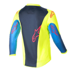 Alpinestars Kids 2024 Racer Graphic 1 Jersey, koszulka motocrossowa dziecięca, żółty fluorescencyjny i granatowy, widok z tyłu z czerwonymi logo gwiazdy, wyrazisty design z granatowym panelem środkowym i żółtymi bokami, lekki materiał poliestrowy do jazdy w terenie