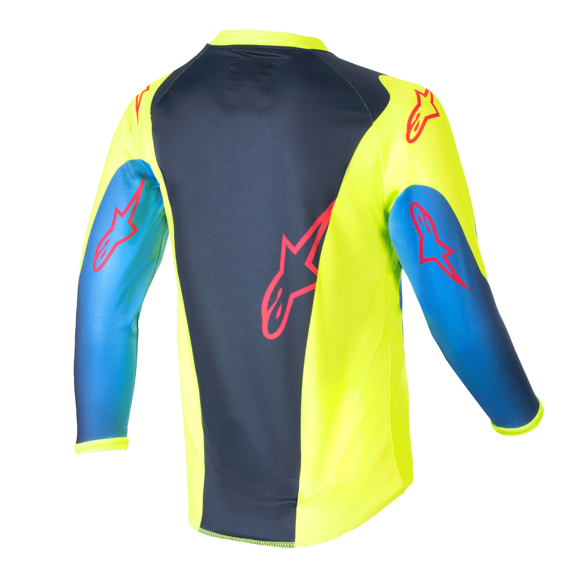 Alpinestars Kids 2024 Racer Graphic 1 Jersey, koszulka motocrossowa dziecięca, żółty fluorescencyjny i granatowy, widok z tyłu z czerwonymi logo gwiazdy, wyrazisty design z granatowym panelem środkowym i żółtymi bokami, lekki materiał poliestrowy do jazdy w terenie