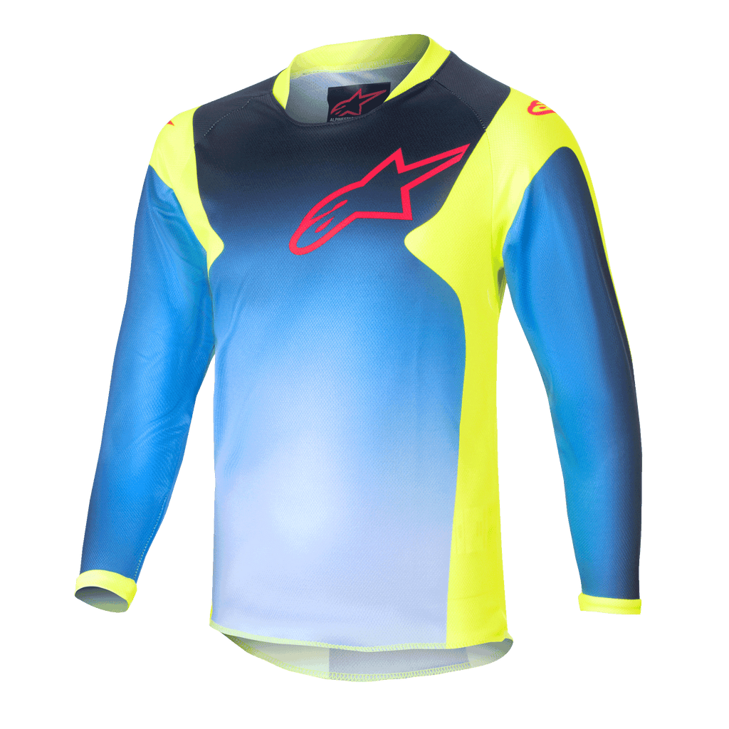 Alpinestars Kids 2024 Racer Graphic 1 Jersey, dziecięca koszulka motocrossowa z długim rękawem, niebieska i neonowożółta, niebieski gradient z czerwonym logo na klatce piersiowej, neonowożółte panele boczne i kołnierzyk, lekki materiał techniczny