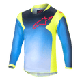 Alpinestars Kids 2024 Racer Graphic 1 Jersey, dziecięca koszulka motocrossowa z długim rękawem, niebieska i neonowożółta, niebieski gradient z czerwonym logo na klatce piersiowej, neonowożółte panele boczne i kołnierzyk, lekki materiał techniczny