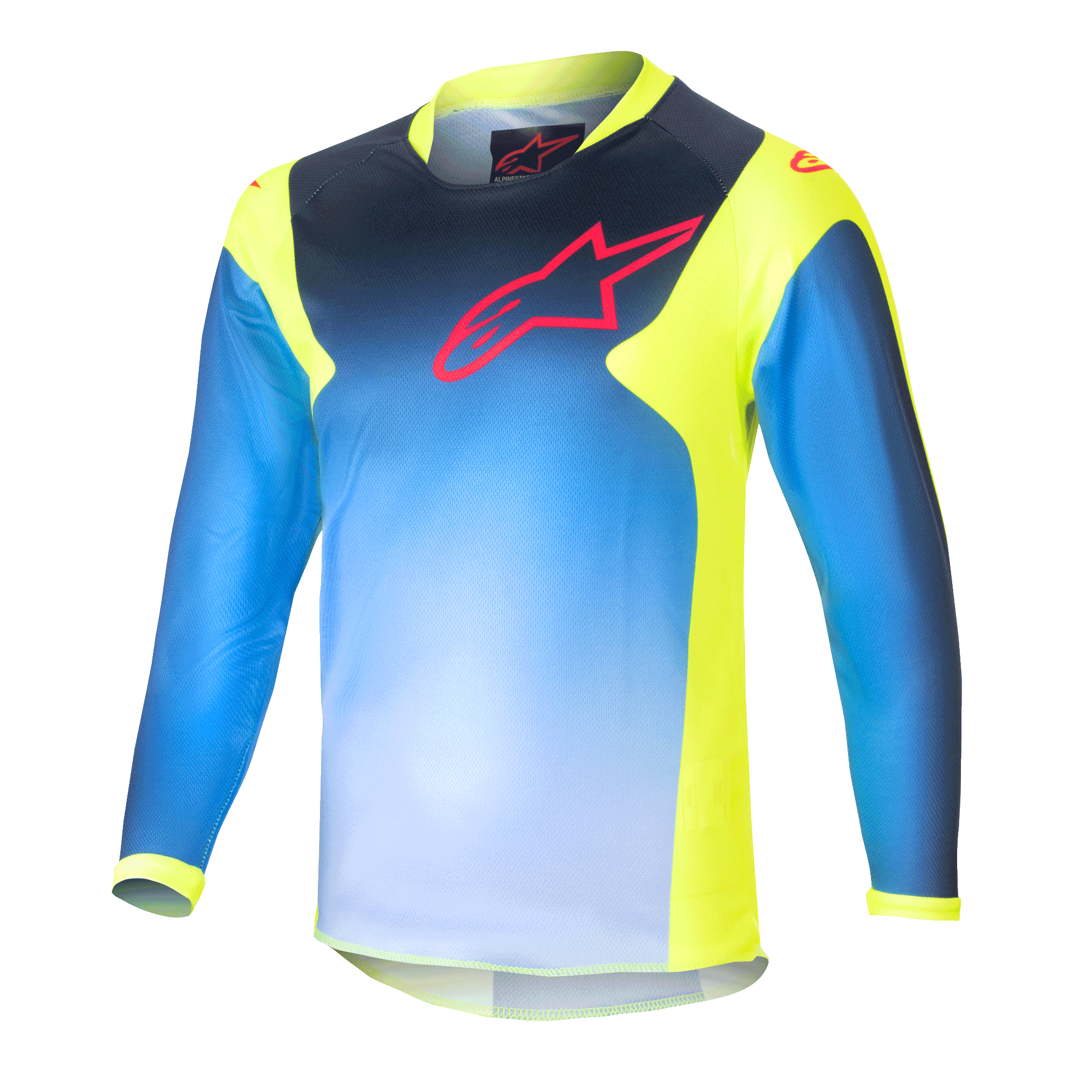 Alpinestars Kids 2024 Racer Graphic 1 Jersey, dziecięca koszulka motocrossowa z długim rękawem, niebieska i neonowożółta, niebieski gradient z czerwonym logo na klatce piersiowej, neonowożółte panele boczne i kołnierzyk, lekki materiał techniczny