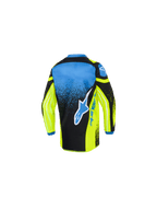 Alpinestars Kids Racer Nomur Jersey 2026, koszulka motocrossowa, żółto-niebiesko-czarna, widok z tyłu przedstawiający duże niebiesko-białe logo gwiazdy, gradientowy nakrapiany wzór i przedłużony tył do wyścigów off-road