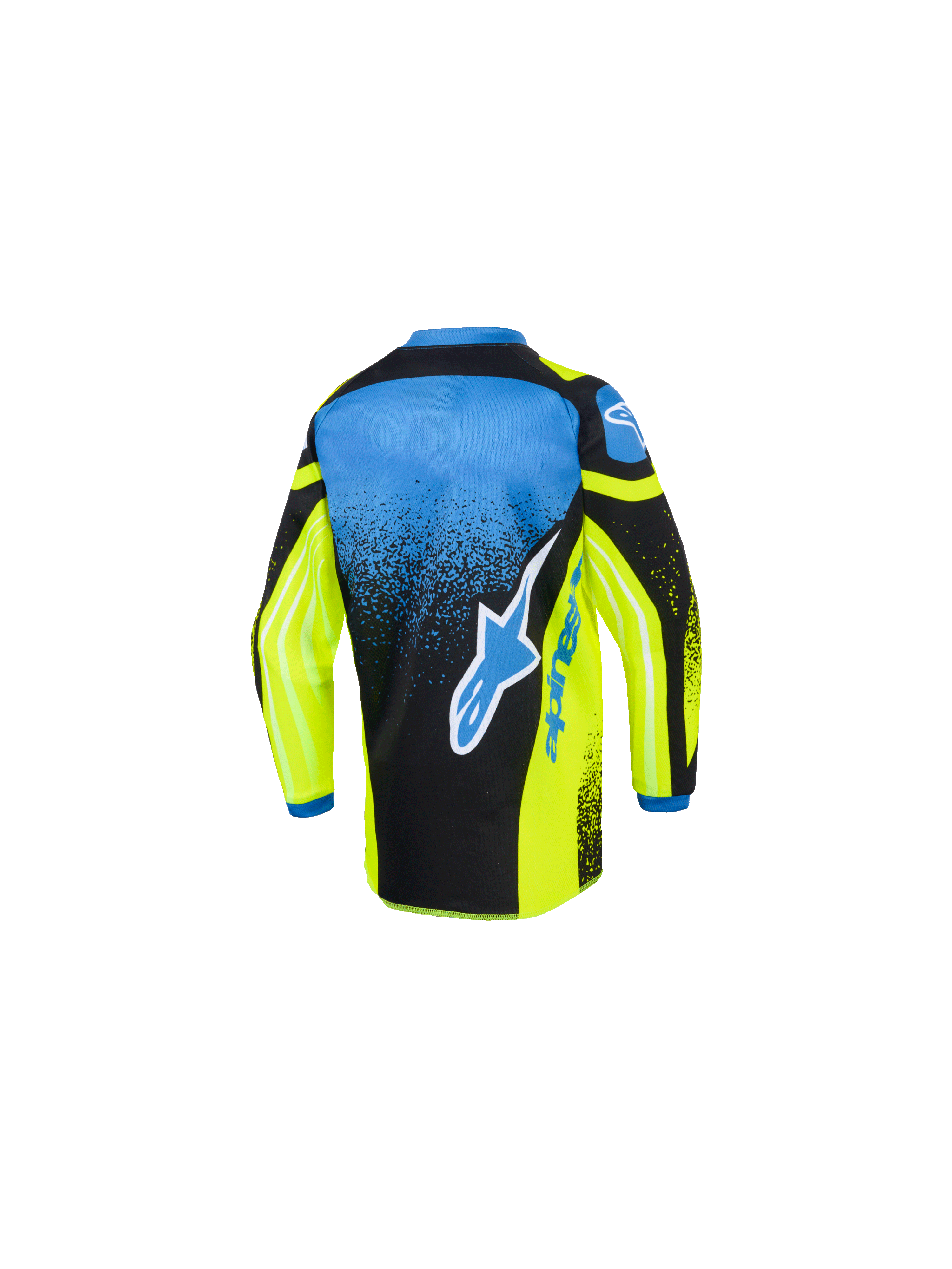 Alpinestars Kids Racer Nomur Jersey 2026, koszulka motocrossowa, żółto-niebiesko-czarna, widok z tyłu przedstawiający duże niebiesko-białe logo gwiazdy, gradientowy nakrapiany wzór i przedłużony tył do wyścigów off-road