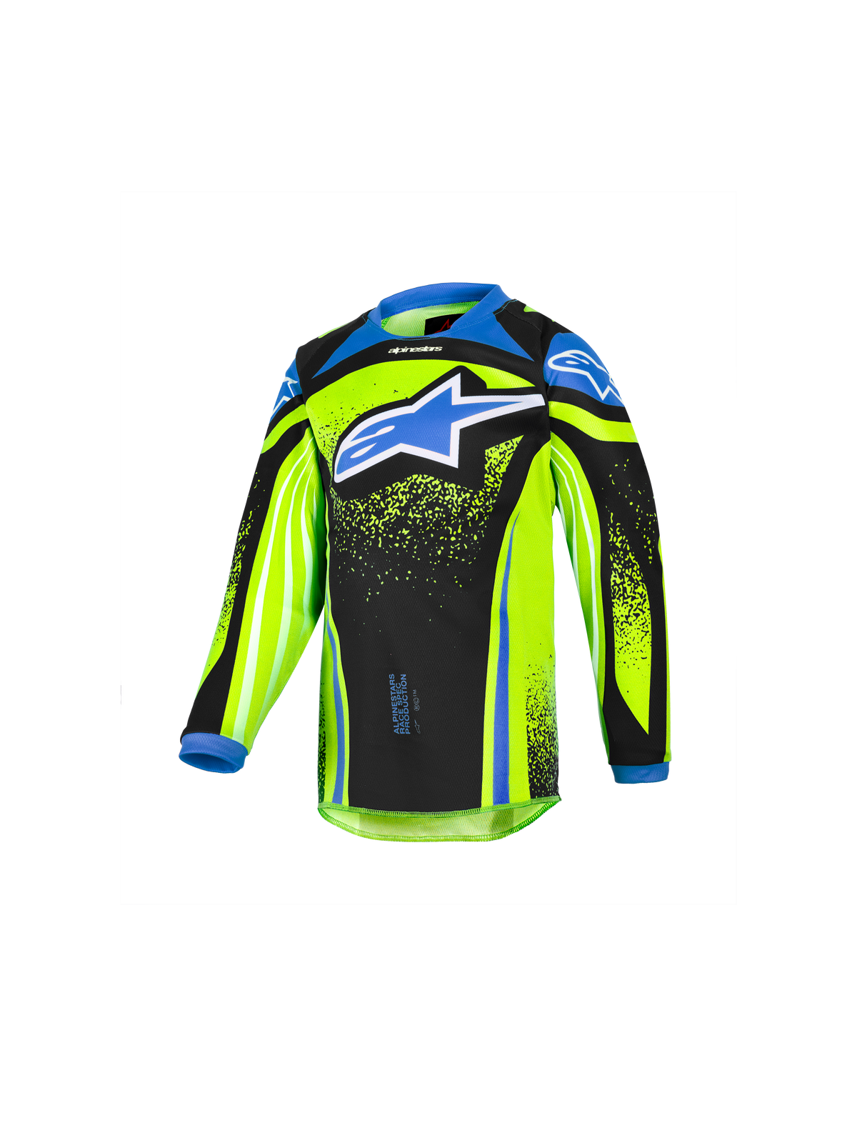 Alpinestars 2026 Kids Racer Nomur Jersey, młodzieżowa koszulka motocrossowa z długim rękawem, fluorescencyjna żółta i czarna z niebieskimi akcentami, duże niebieskie logo gwiazdy na klatce piersiowej, lekki materiał techniczny odprowadzający wilgoć do jazdy terenowej