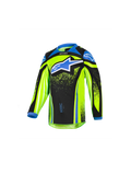 Alpinestars 2026 Kids Racer Nomur Jersey, młodzieżowa koszulka motocrossowa z długim rękawem, fluorescencyjna żółta i czarna z niebieskimi akcentami, duże niebieskie logo gwiazdy na klatce piersiowej, lekki materiał techniczny odprowadzający wilgoć do jazdy terenowej