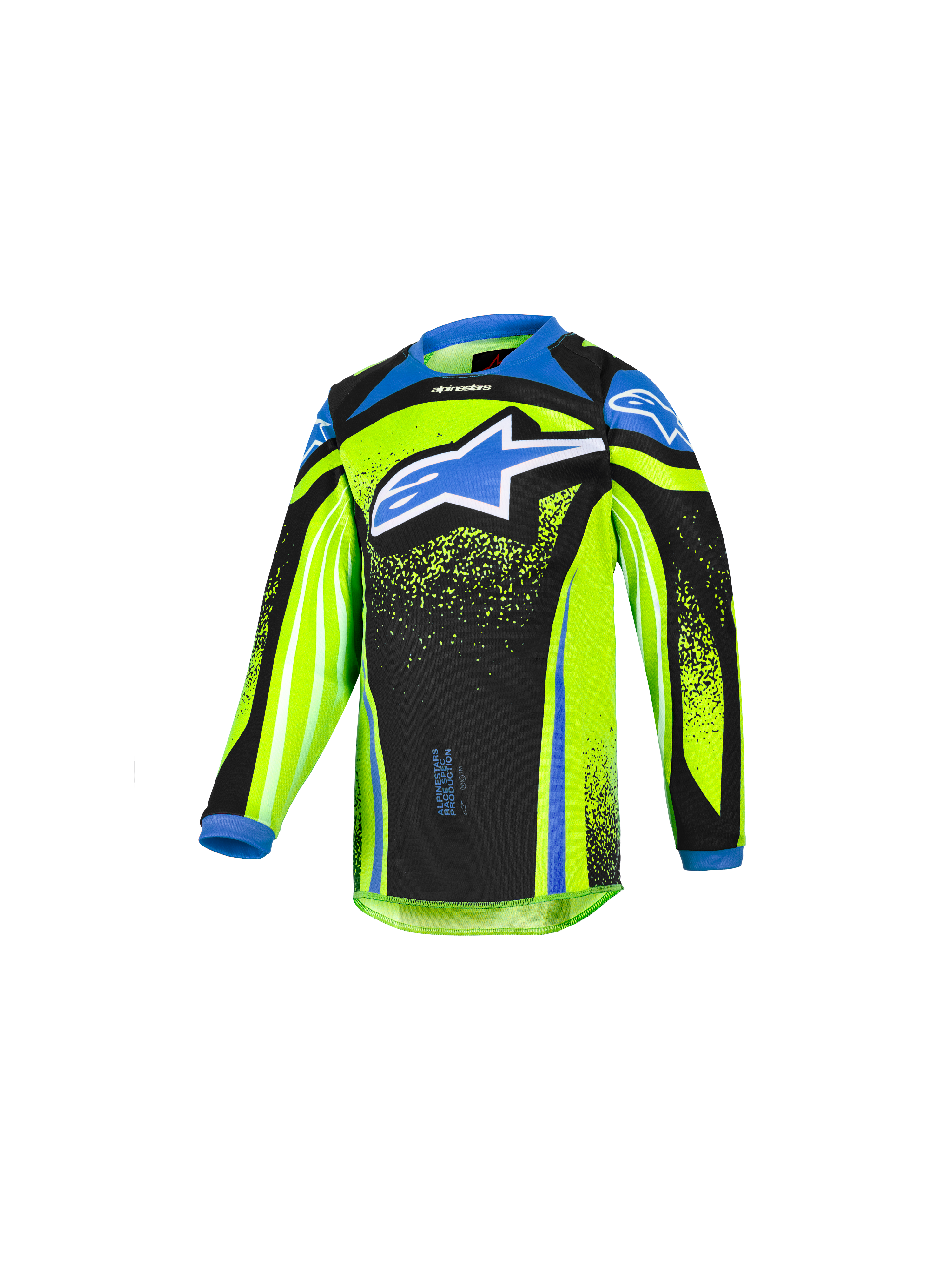 Alpinestars 2026 Kids Racer Nomur Jersey, młodzieżowa koszulka motocrossowa z długim rękawem, fluorescencyjna żółta i czarna z niebieskimi akcentami, duże niebieskie logo gwiazdy na klatce piersiowej, lekki materiał techniczny odprowadzający wilgoć do jazdy terenowej
